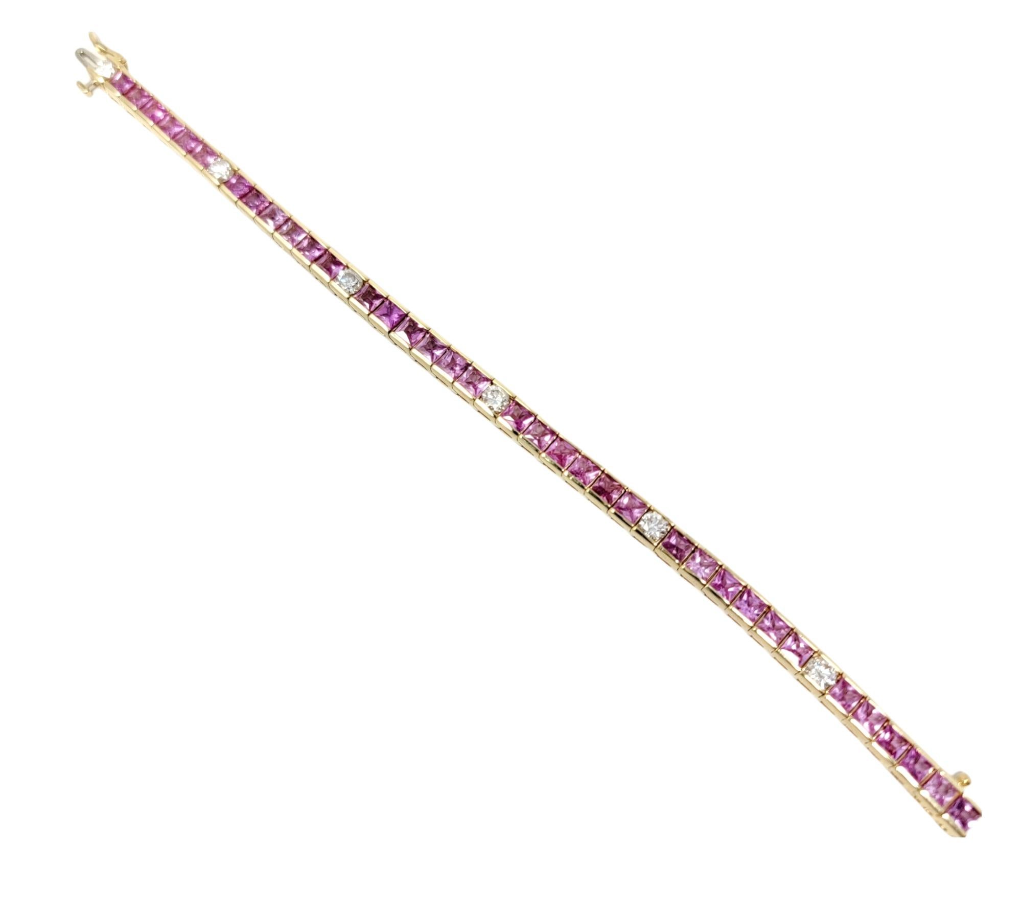 Contemporary Square Cut Natural Pink Sapphire and Diamond Line Tennis Bracelet in Yellow Gold For Sale