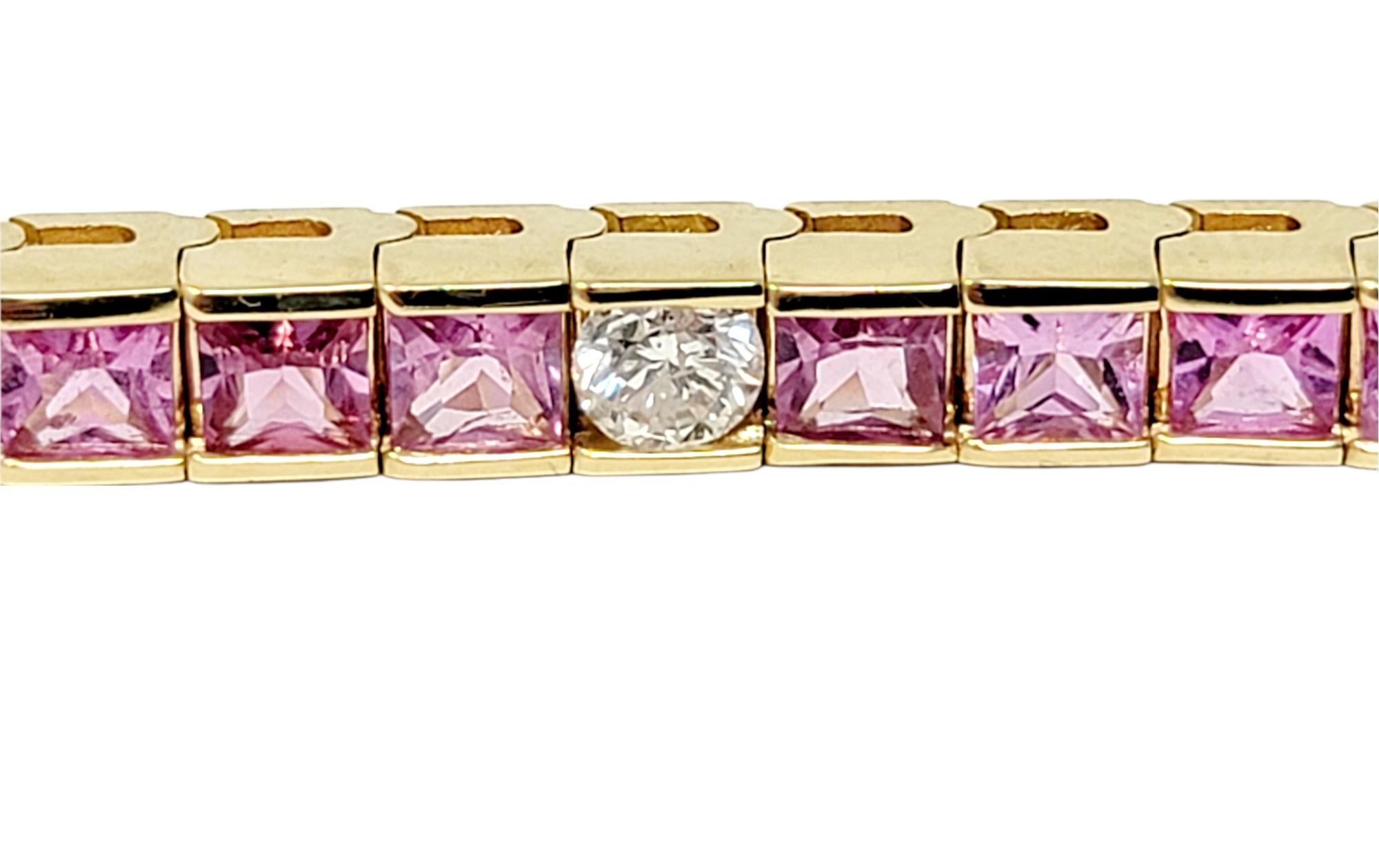 Square Cut Natural Pink Sapphire and Diamond Line Tennis Bracelet in Yellow Gold In Good Condition For Sale In Scottsdale, AZ