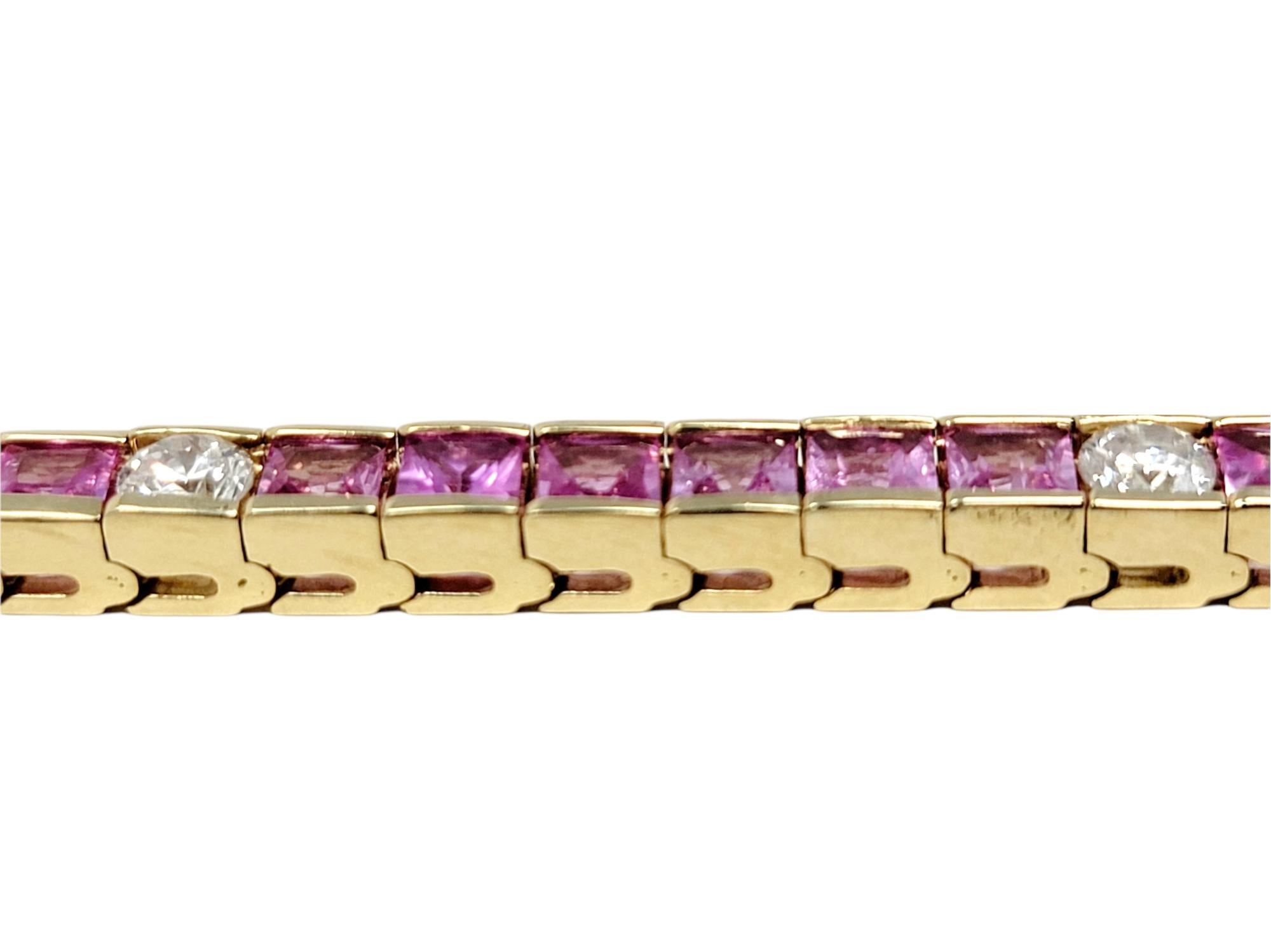Women's Square Cut Natural Pink Sapphire and Diamond Line Tennis Bracelet in Yellow Gold For Sale