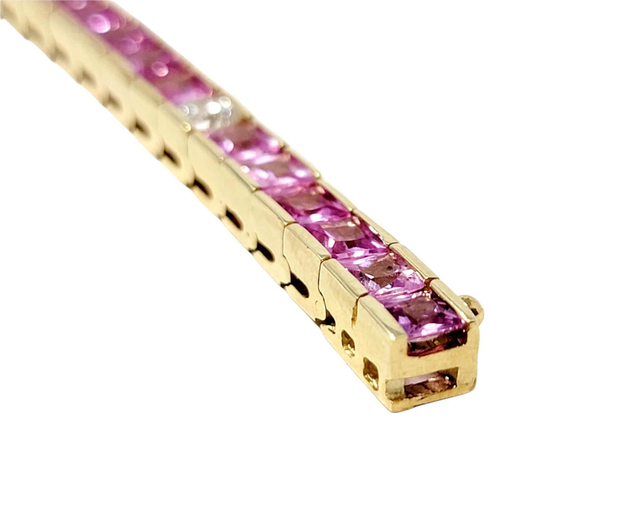 Square Cut Natural Pink Sapphire and Diamond Line Tennis Bracelet in Yellow Gold For Sale 1