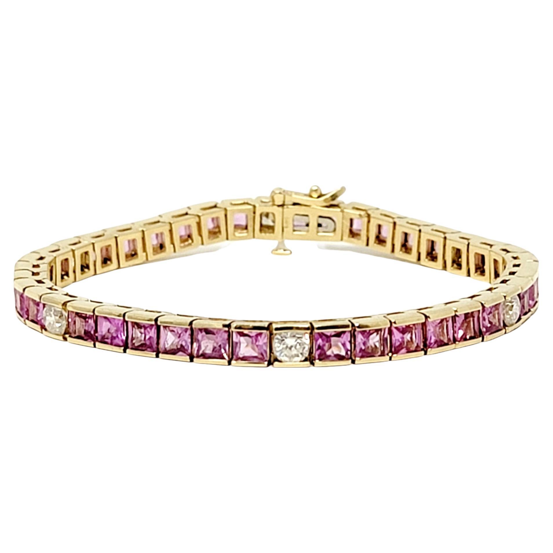 Square Cut Natural Pink Sapphire and Diamond Line Tennis Bracelet in Yellow Gold For Sale