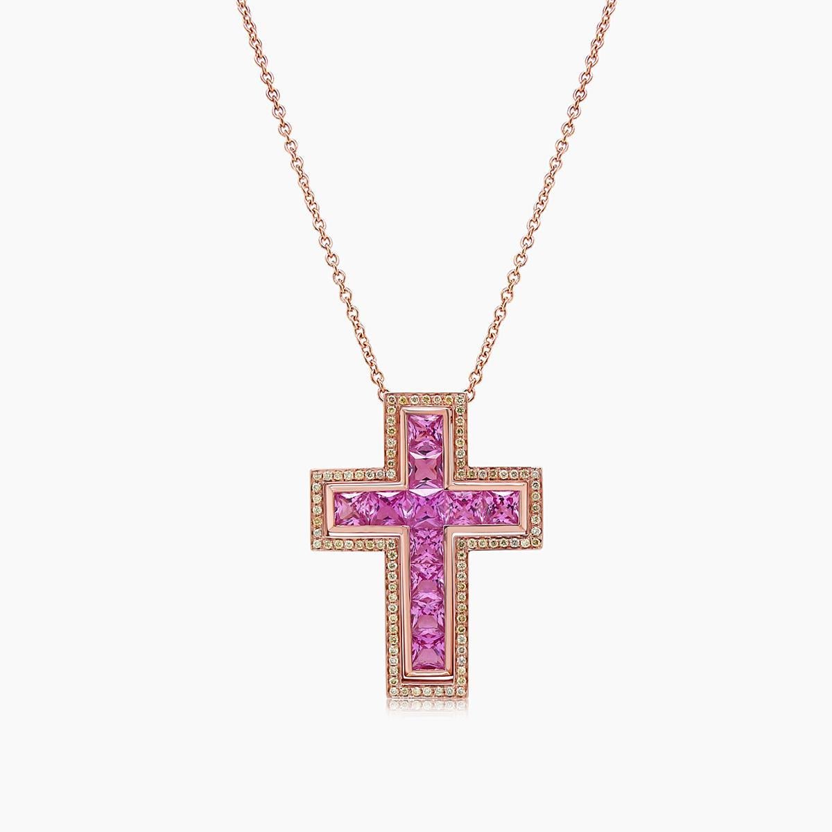 Taglio misto Collana con ciondolo a croce in oro rosa 18 carati e zaffiro rosa taglio quadrato e diamante fantasia in vendita