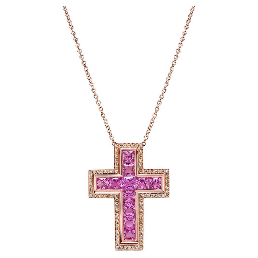 Square Cut Pink Sapphire & Fancy Diamond 18K Rose Gold Cross Pendant Necklace