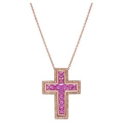 Square Cut Pink Sapphire & Fancy Diamond 18K Rose Gold Cross Pendant Necklace