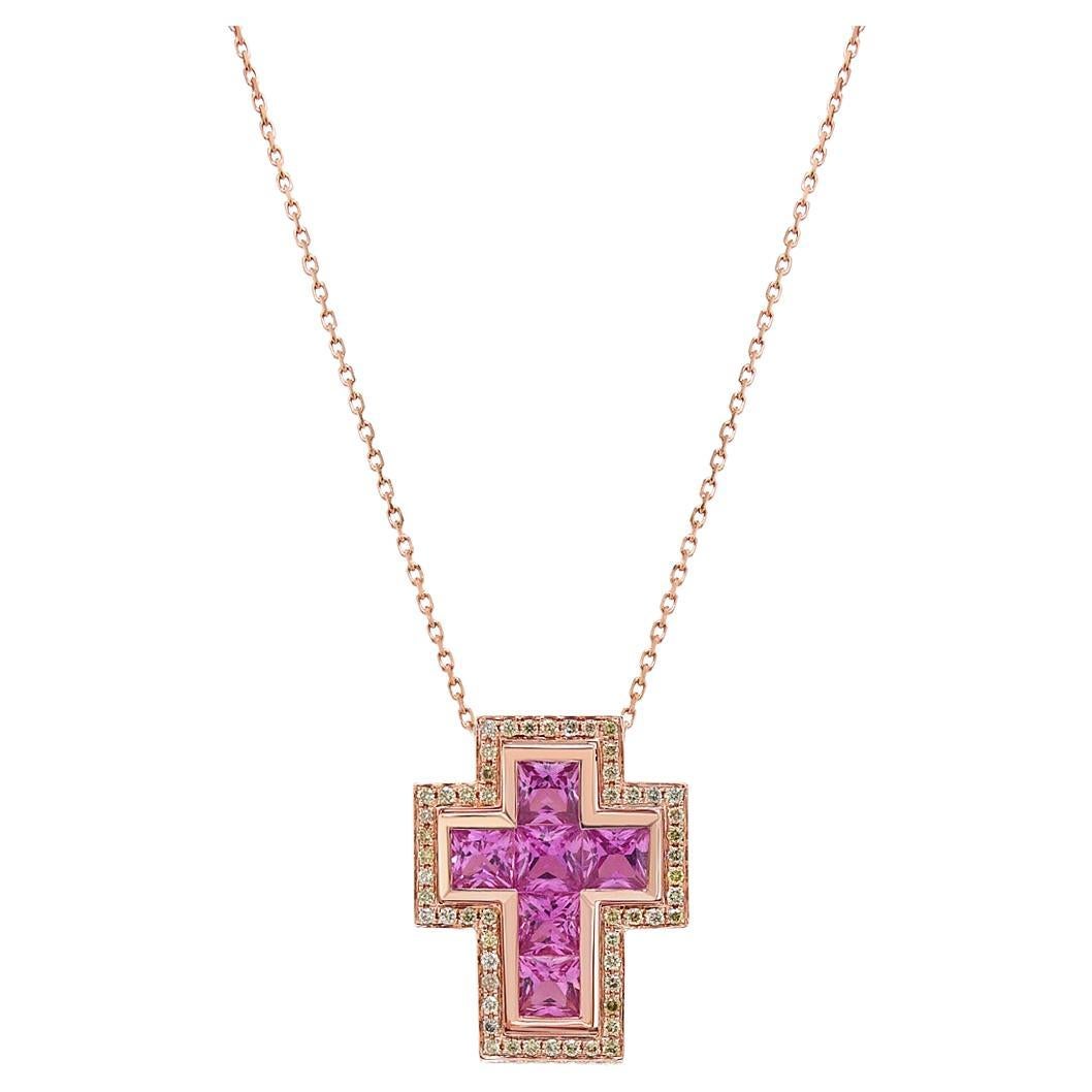 Square Cut Pink Sapphire & Fancy Diamond 18K Rose Gold Cross Pendant Necklace