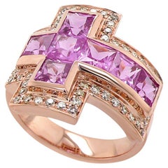 Square Cut Pink Sapphire & Fancy Diamond Halo 18K Rose Gold Cross Ring