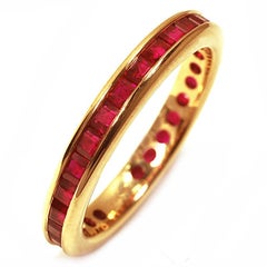 Square Cut Ruby Eternity Band 2.5 Millimeter Wide Yellow Gold Two Bands