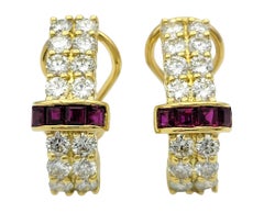 Square Cut Ruby & Round Diamond J Hoop Earrings in 18 Karat Yellow Gold