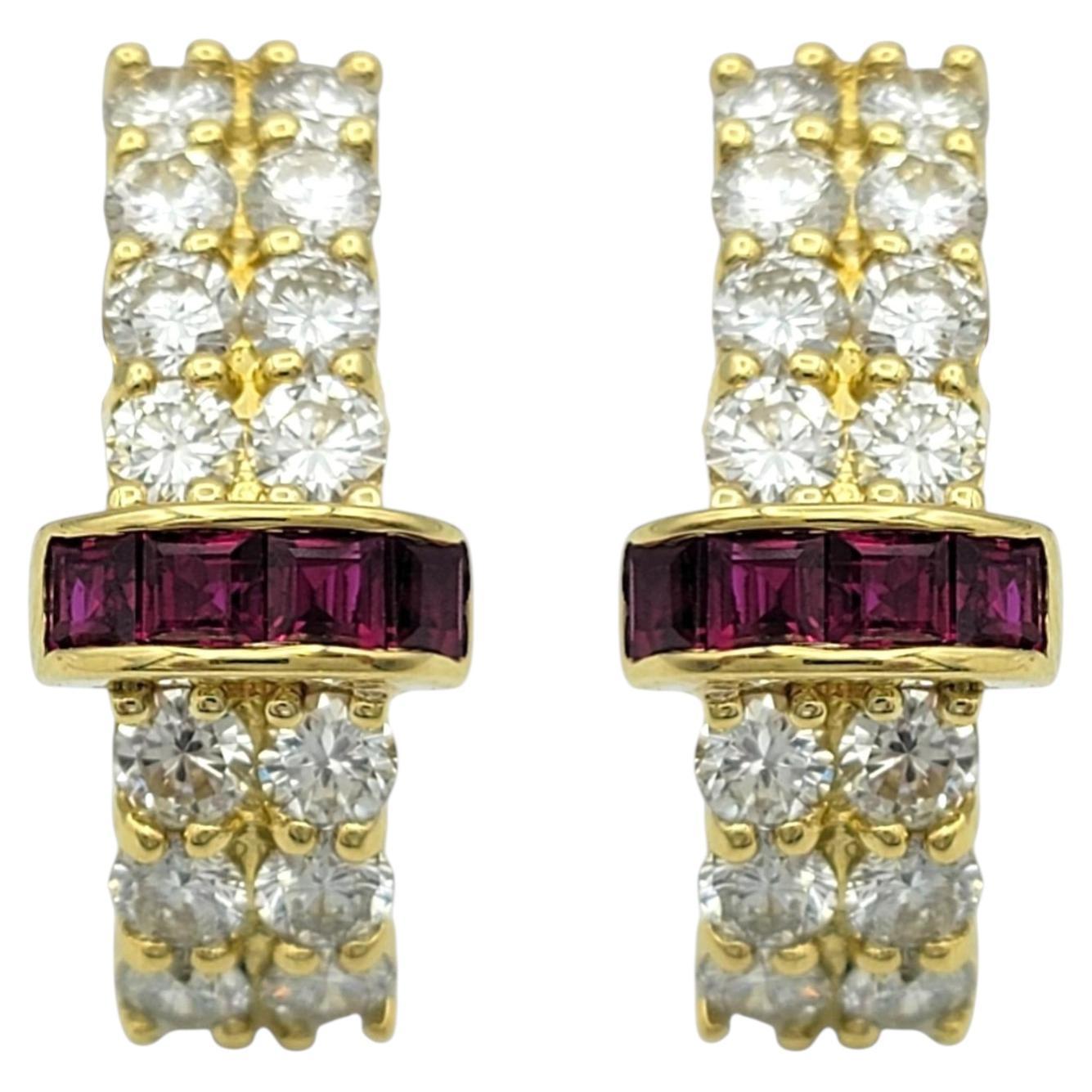 Square Cut Ruby & Round Diamond J Hoop Earrings in 18 Karat Yellow Gold