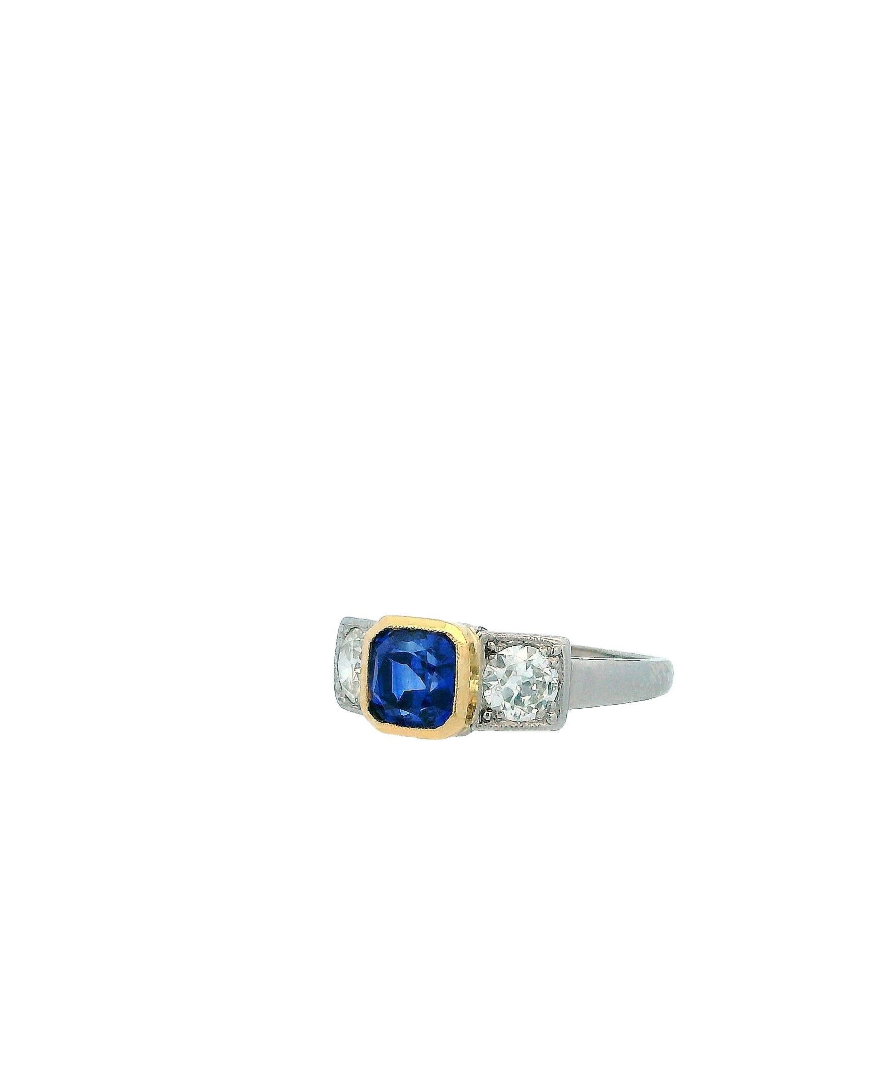 A harmonious blend of color and brilliance.

This striking ring showcases a vivid 1.44 carat square-cut blue sapphire, flanked by two round white diamonds. The diamonds, with a total weight of 0.9 carats, exhibit VS1 clarity and an H color grade,