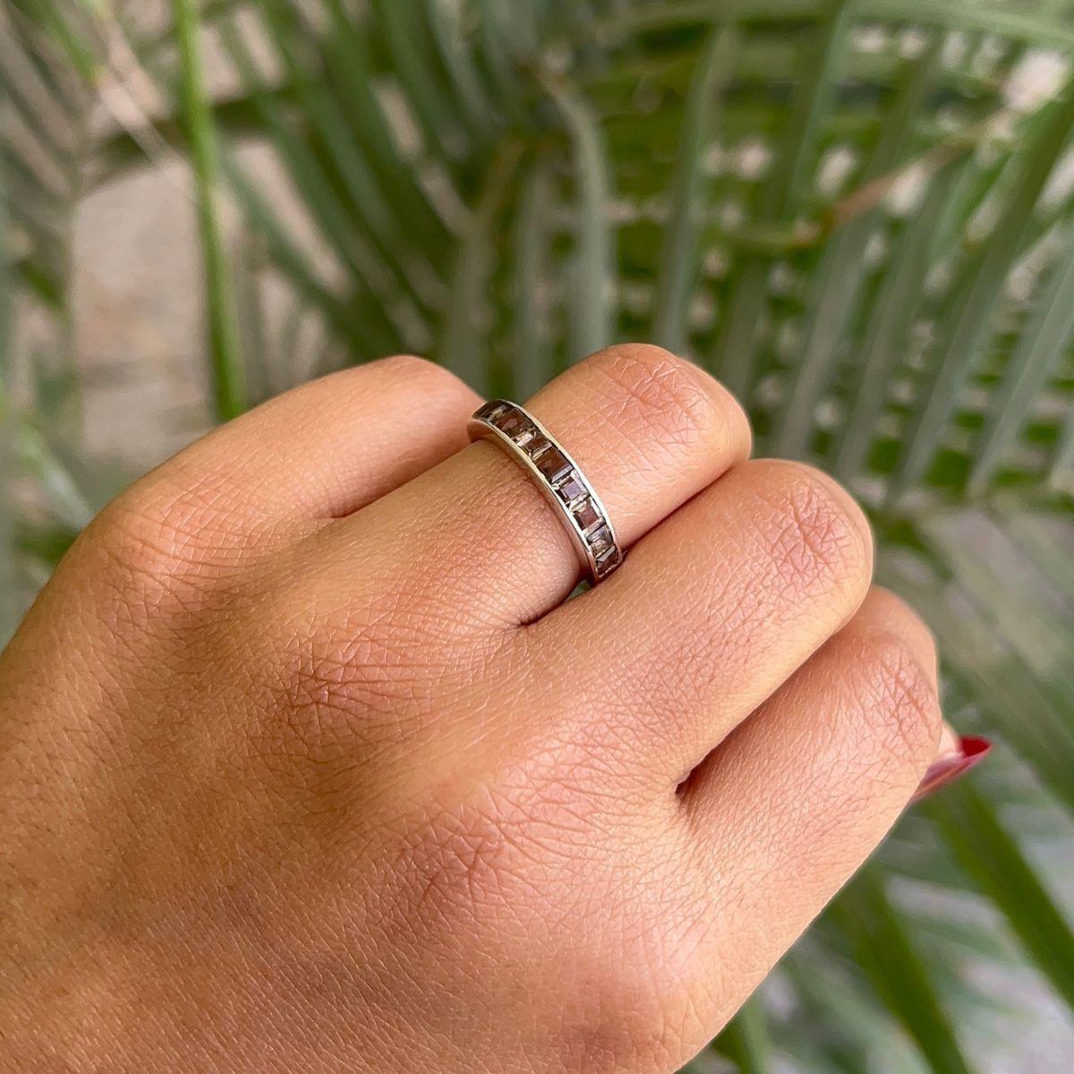 For Sale:  Square Cut Smoky Quartz Birthstone Half Eternity Band for Mom Ring in 925 Silver 2
