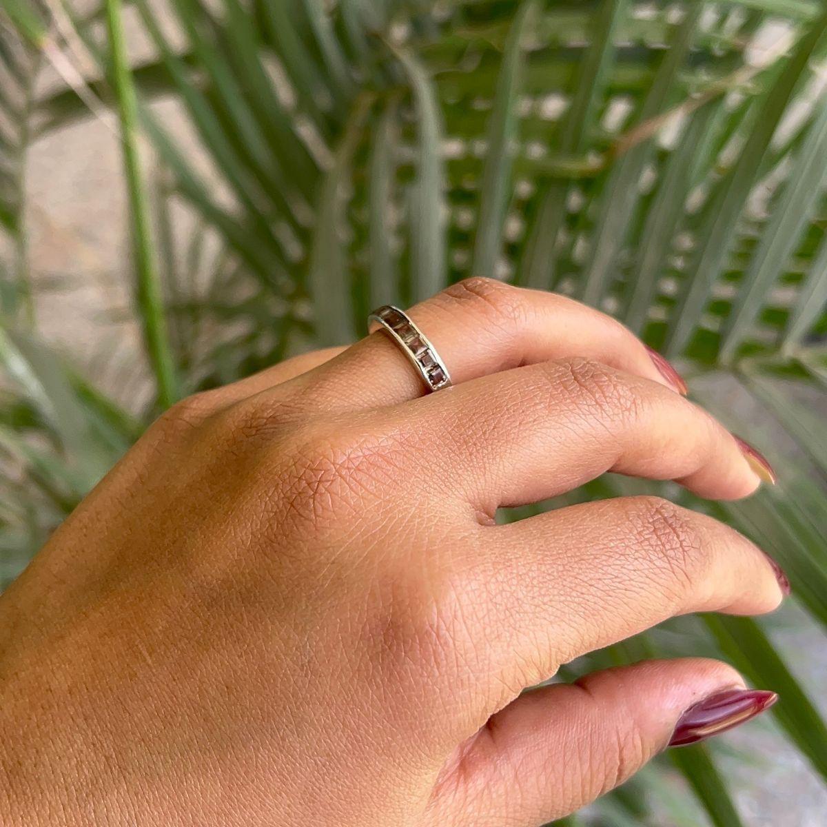 For Sale:  Square Cut Smoky Quartz Birthstone Half Eternity Band for Mom Ring in 925 Silver 6