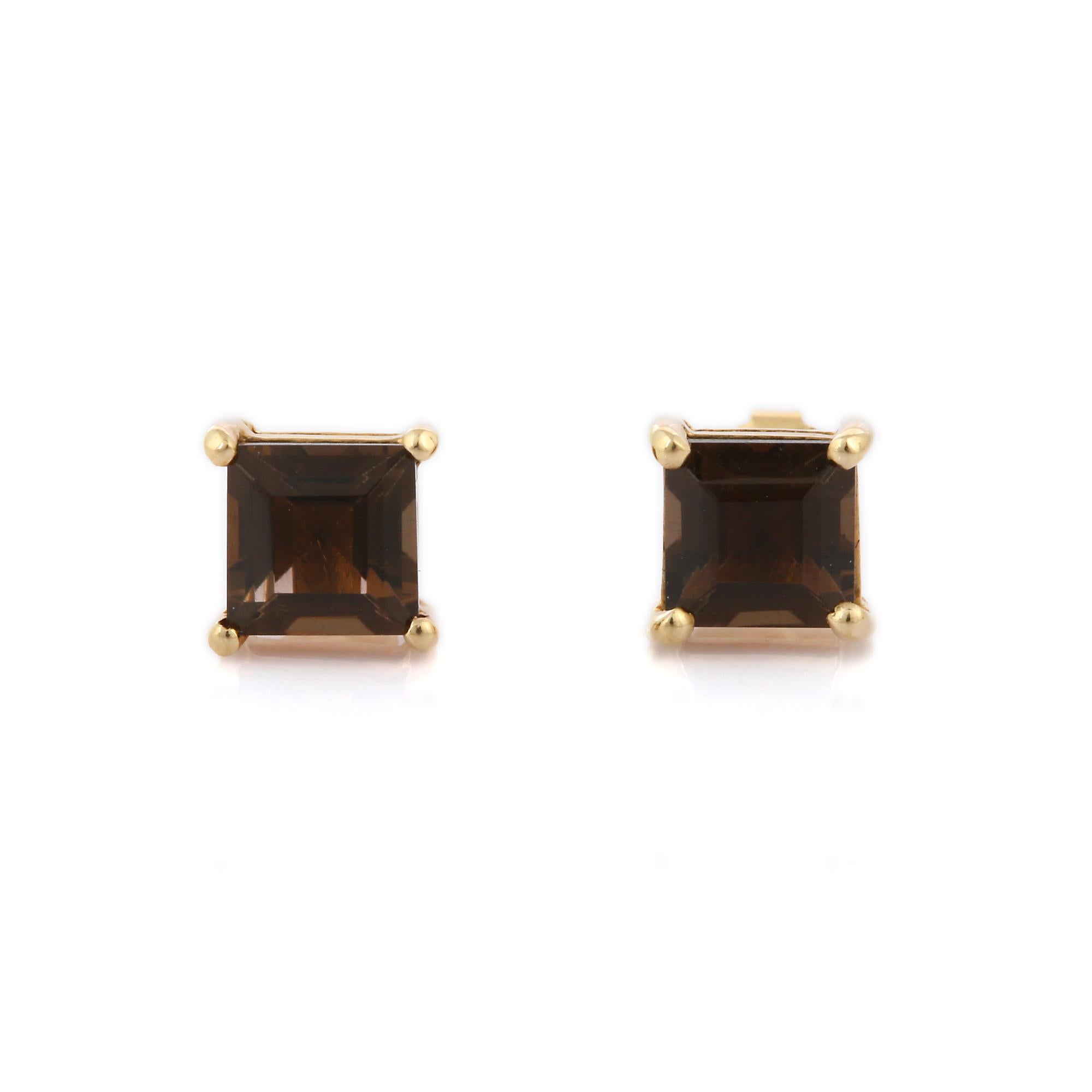 Modern Square Cut Smoky Quartz Studs Pierced Push Back Earrings in 14K Yellow Gold For Sale