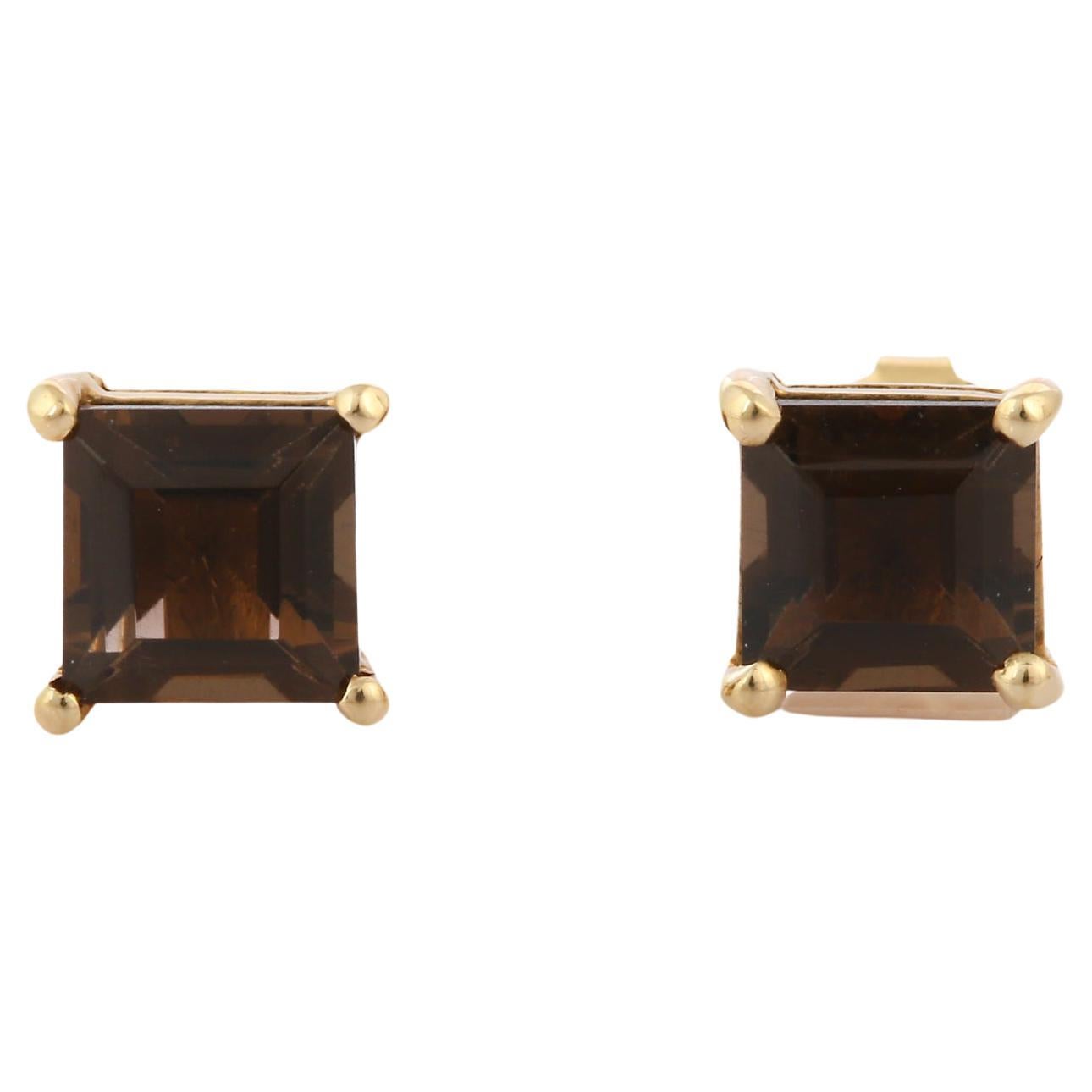Square Cut Smoky Quartz Studs Pierced Push Back Earrings in 14K Yellow Gold For Sale