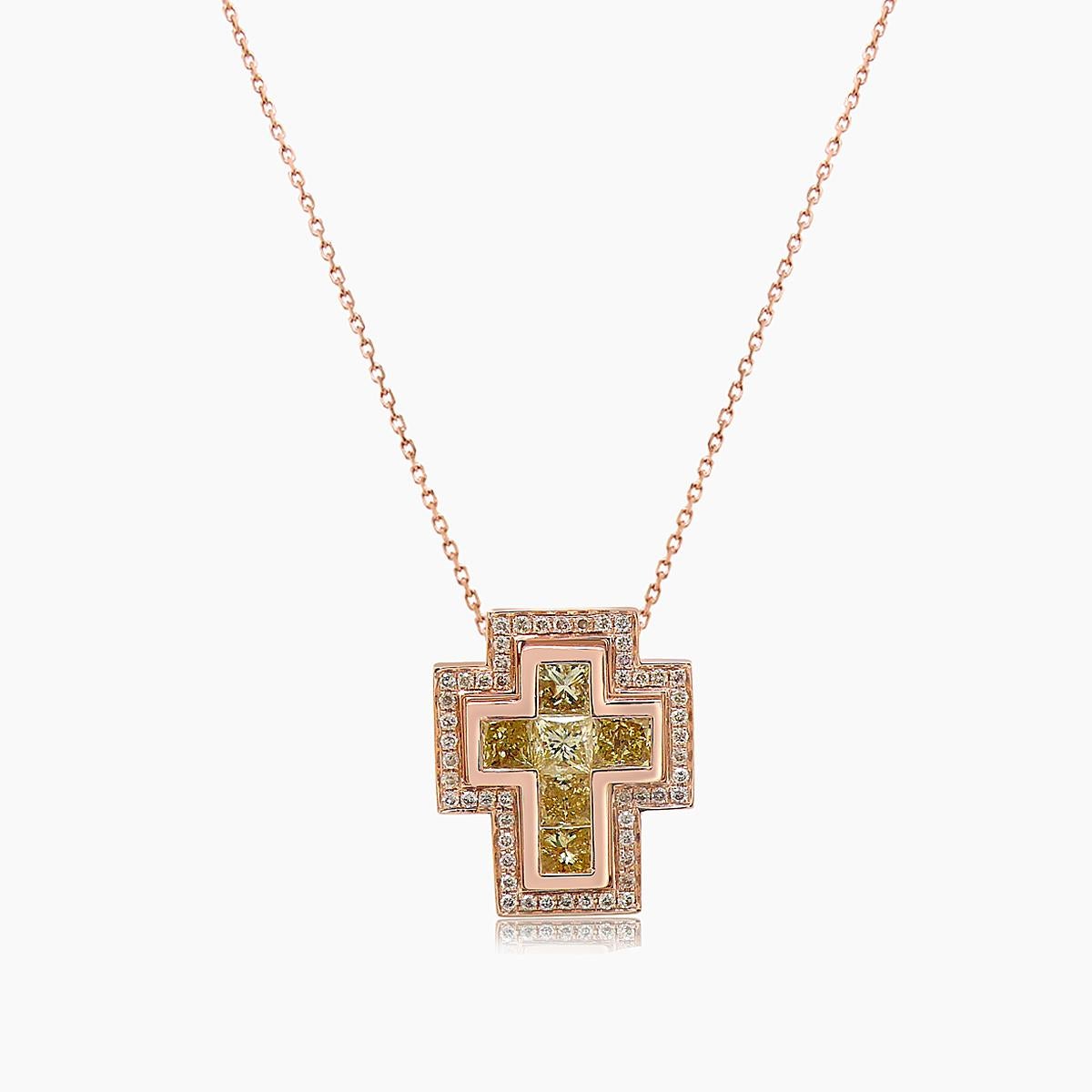 Square Cut Yellow Diamond & Fancy Diamond 18K Rose Gold Cross Necklace In New Condition For Sale In Oakton, VA