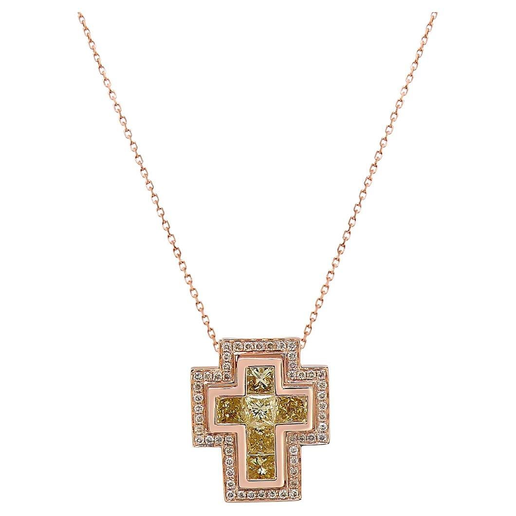 Square Cut Yellow Diamond & Fancy Diamond 18K Rose Gold Cross Necklace