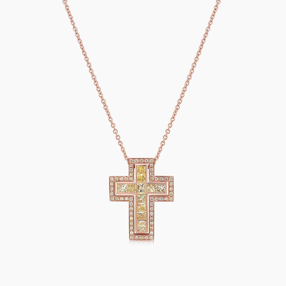 Mixed Cut Square Cut Yellow Diamond & Fancy Diamond 18K Rose Gold Cross Pendant Necklace For Sale