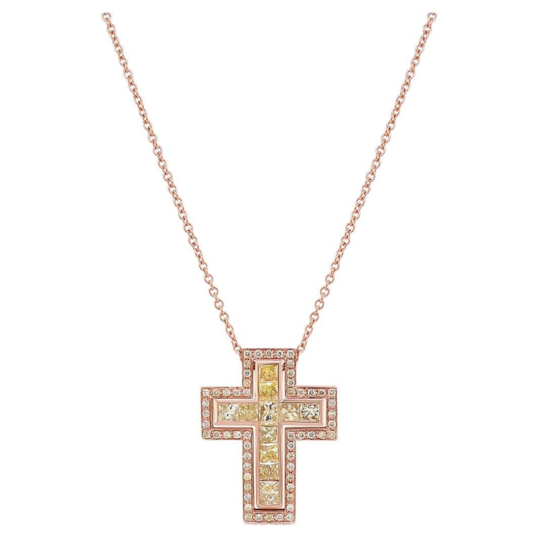 Square Cut Yellow Diamond & Fancy Diamond 18K Rose Gold Cross Pendant Necklace