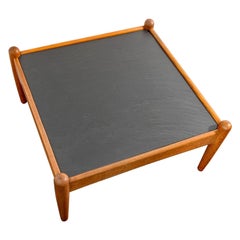 Square Danish Midcentury Slate Top Oak Frame Coffee Table, 1960s