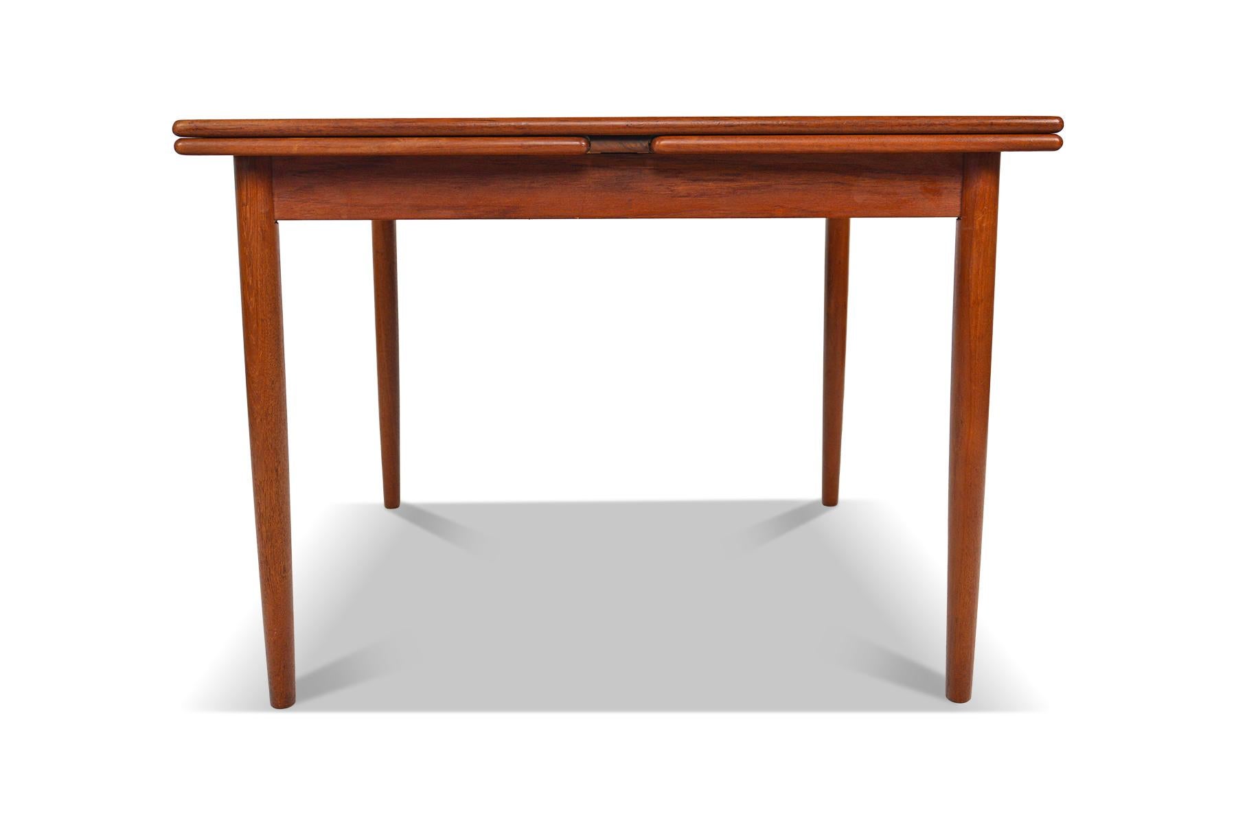 This Danish modern square teak dining table offers draw leaf extensions which nearly double its size for company. In excellent original condition.

Measurements (closed):
39.5? long x 39.5? wide x 29? tall
Expanded 76.5? long x 39.5? wide x 29?