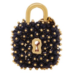 Square Dark Blue Natural Sapphire Bead Lock Pendant Charm 14K Yellow Gold