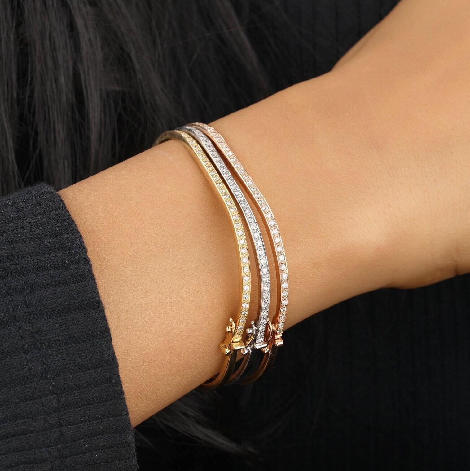 Art Deco Square Diamond Bangle Bracelet in 14K Solid Gold (Certified) For Sale