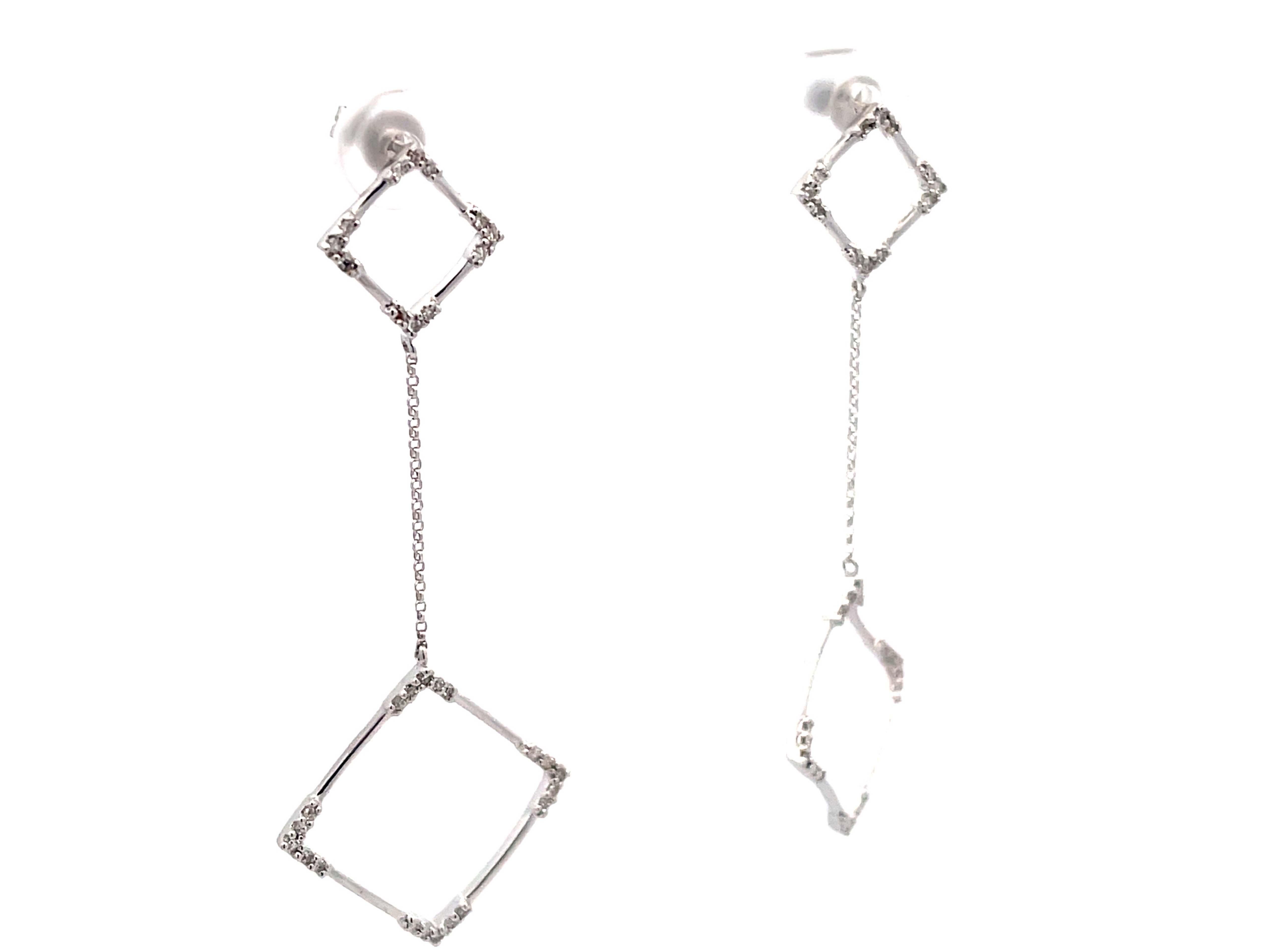 Modern Square Diamond Drop Dangling Earrings in 14k White Gold For Sale