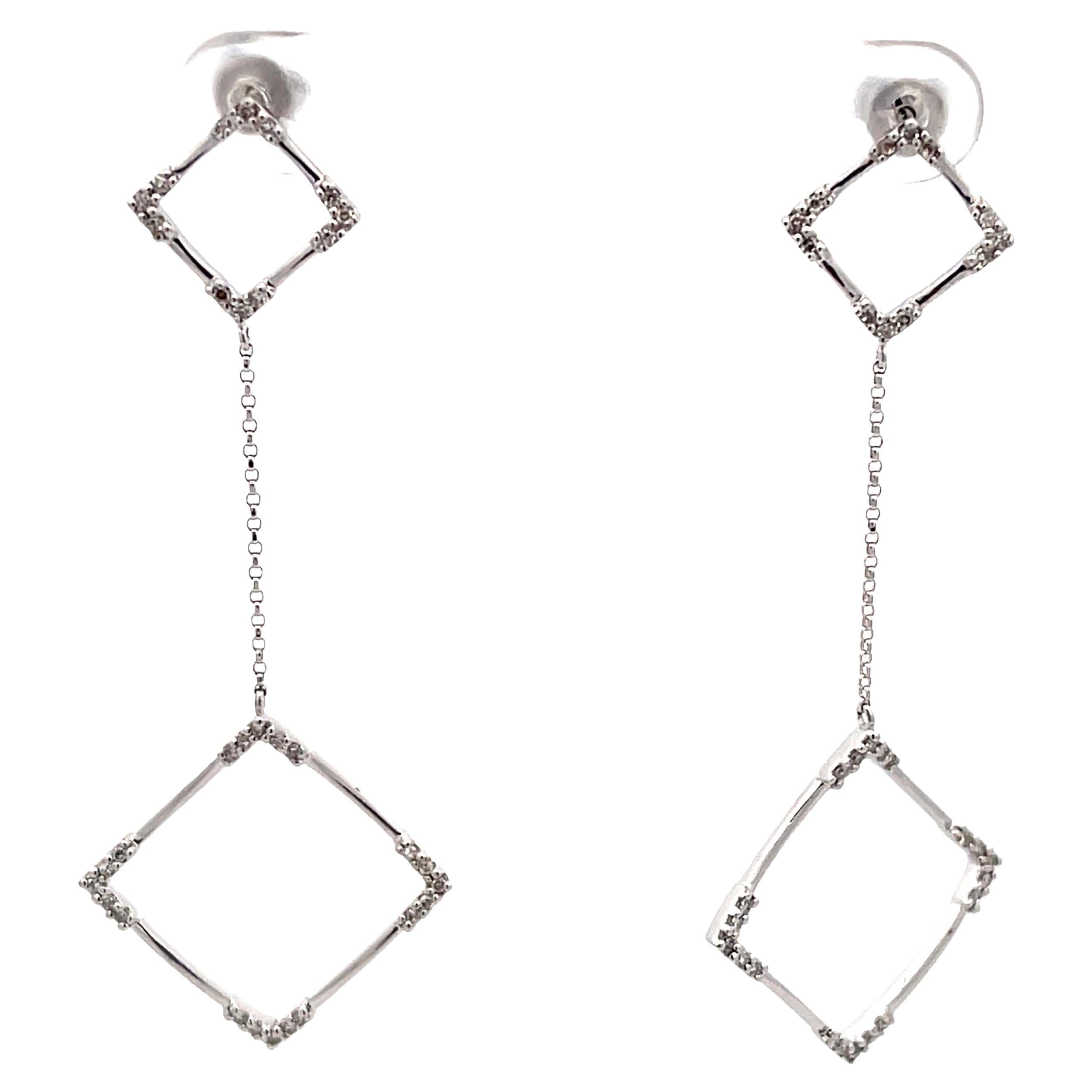 Square Diamond Drop Dangling Earrings in 14k White Gold For Sale
