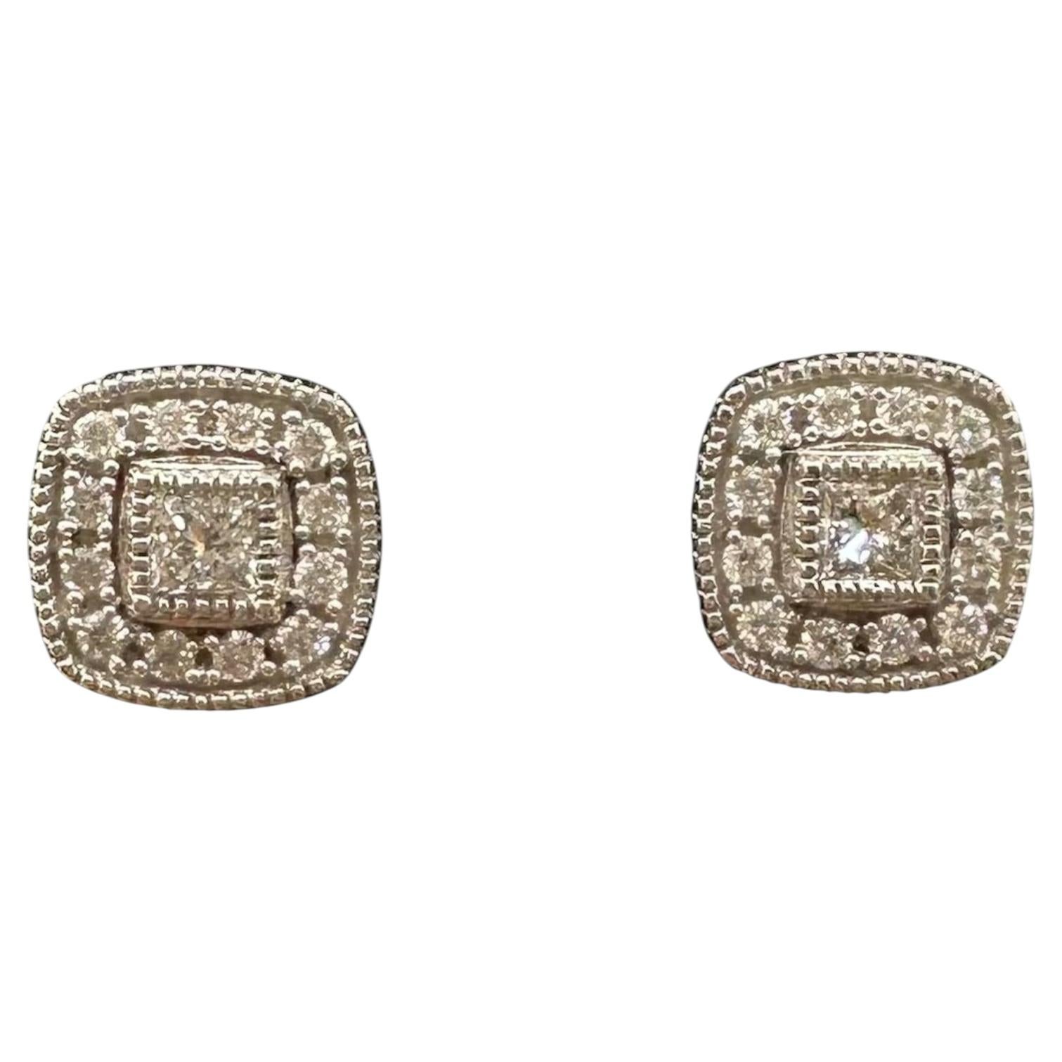 Square Diamond Halo Stud Earrings 14K White Gold 0.34ctw New