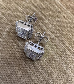 Square Diamond Illusion Button Earrings with Center Pink Diamond in Platinum