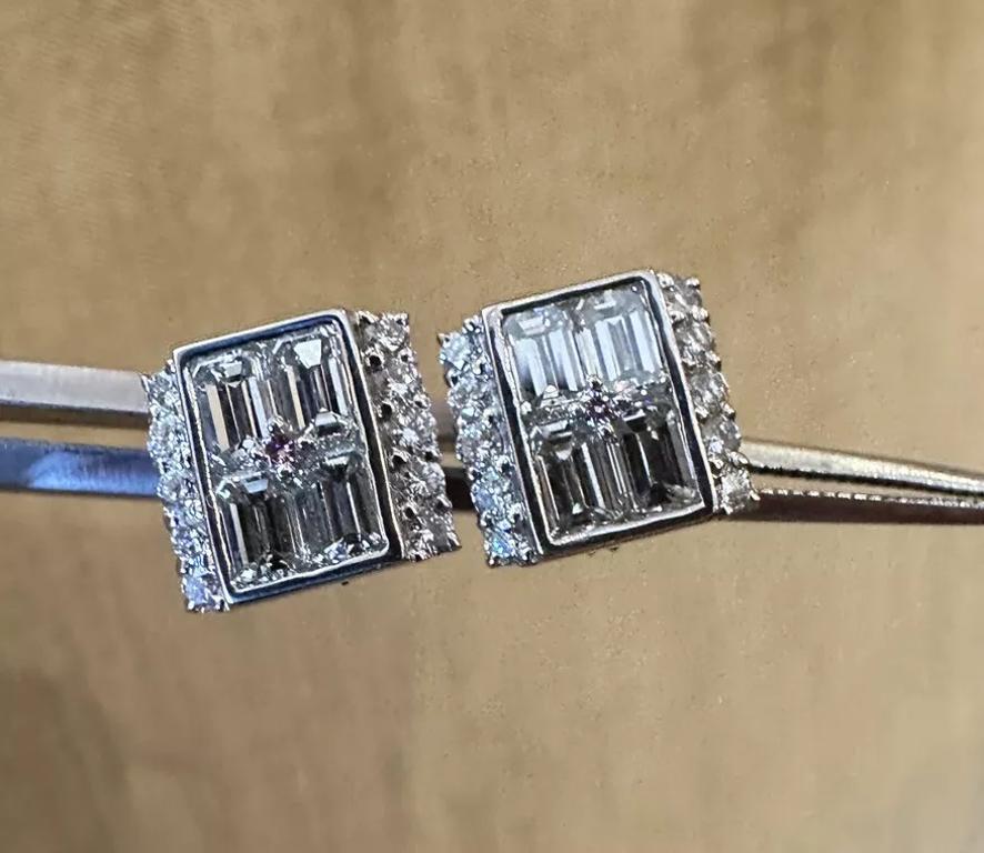 Square Diamond Illusion Button Earrings with Center Pink Diamond in Platinum For Sale 1