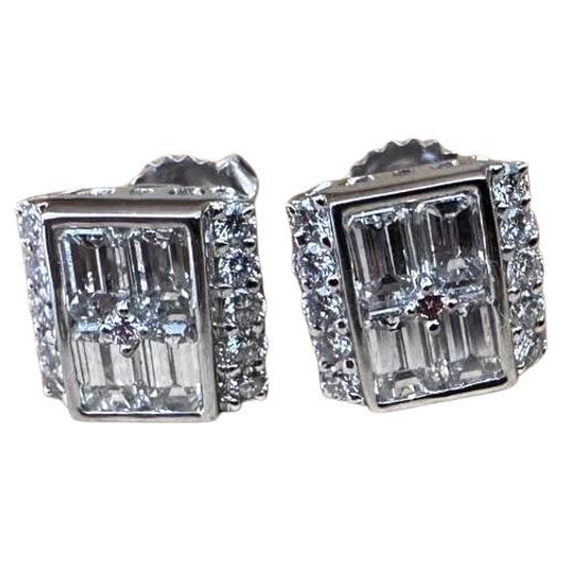 Square Diamond Illusion Button Earrings with Center Pink Diamond in Platinum For Sale