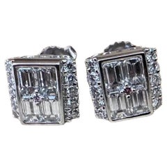 Square Diamond Illusion Button Earrings with Center Pink Diamond in Platinum