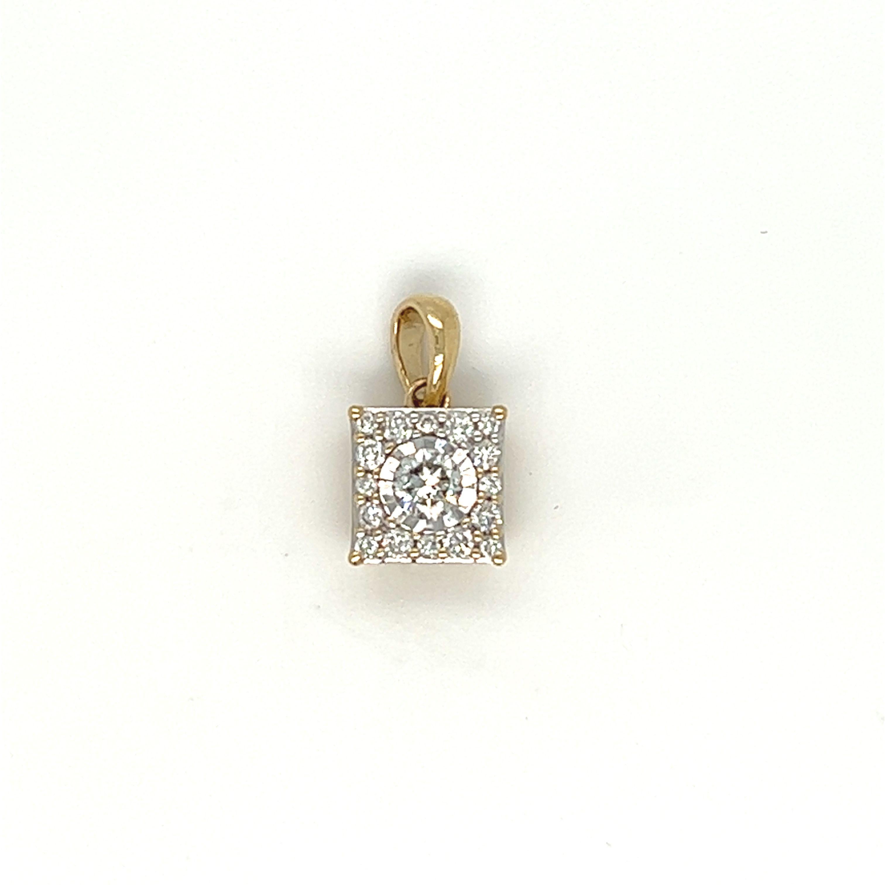 Taille ronde Pendentif diamant carré en or jaune 14K en vente