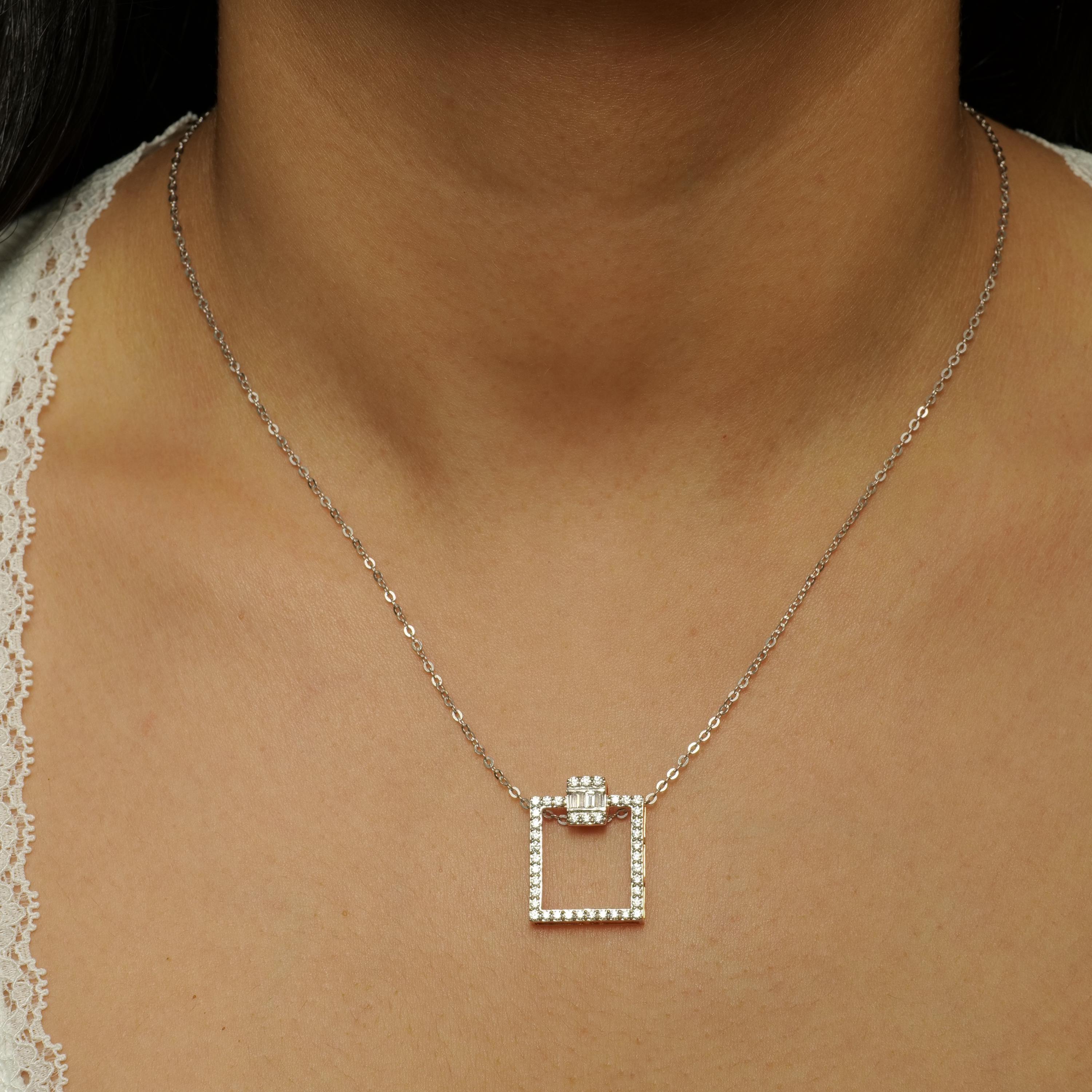 Art Deco Square Diamond Pendant Necklace in 14k Solid Gold (Certified) For Sale
