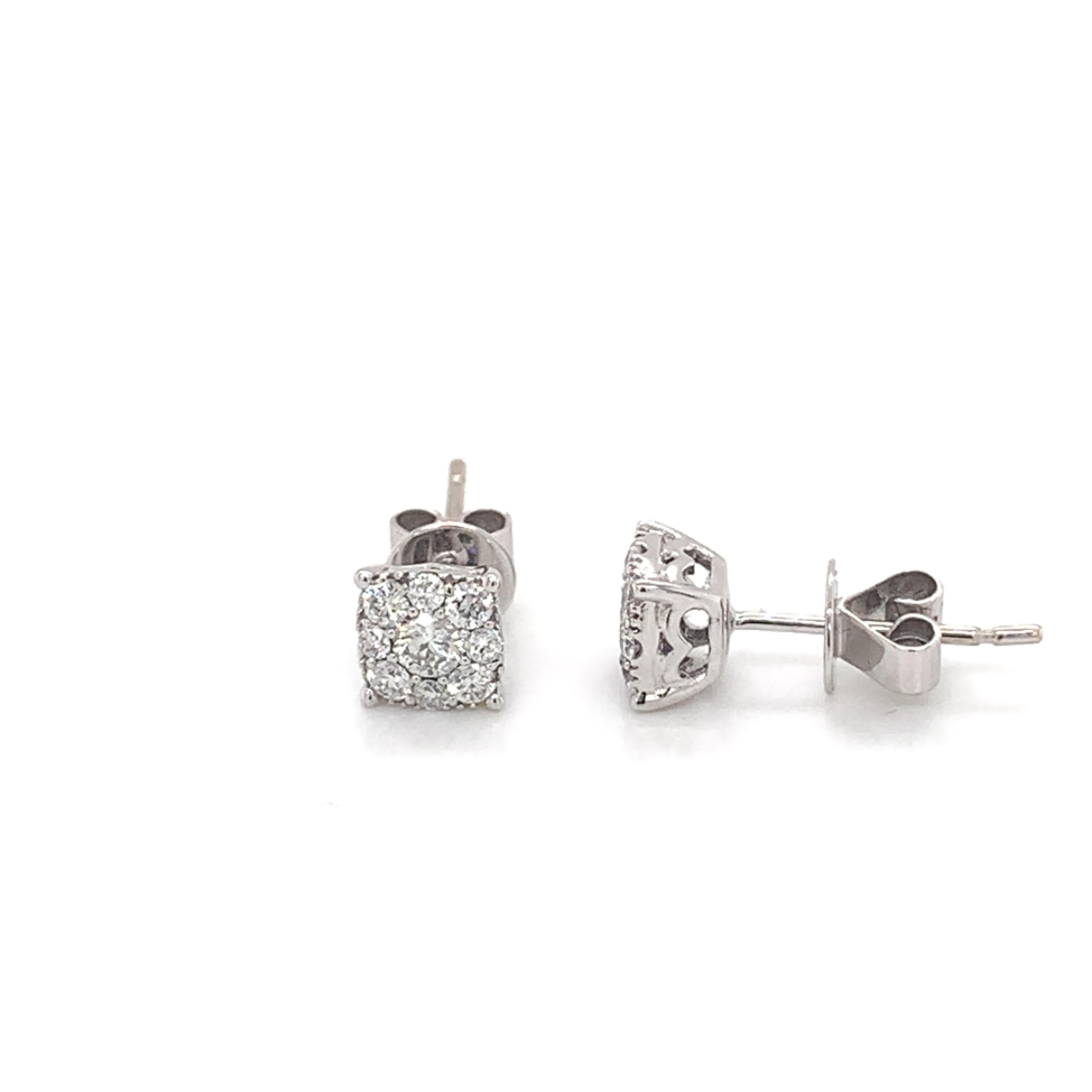Square Diamond Stud Earrings made with real/natural brilliant cut diamonds. Total Diamond Weight: 0.54cts. Diamond Quantity: 18 round diamonds. Color: G-H. Clarity: VS. Mounted on 18kt white gold push-back setting.
