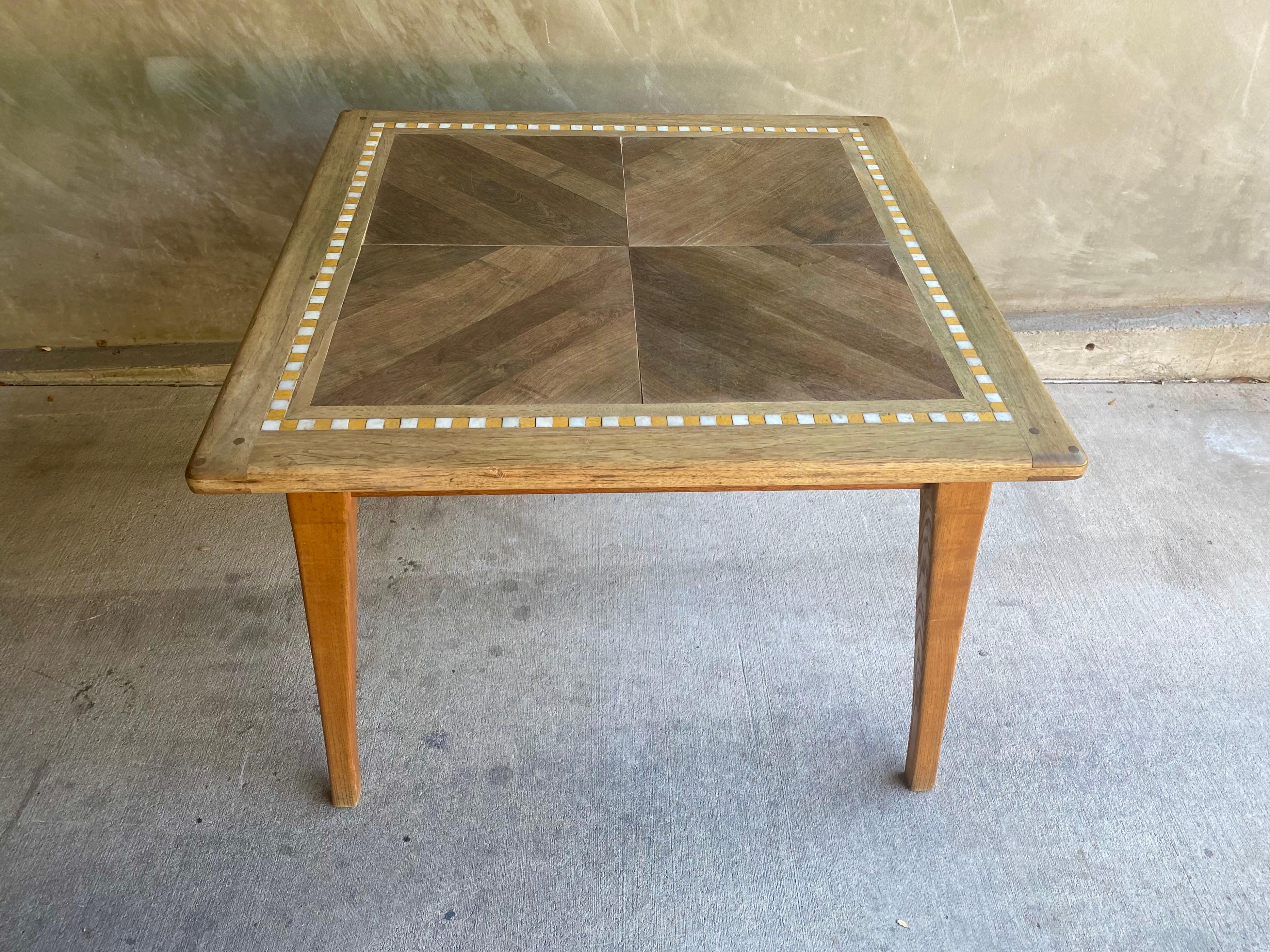 Mid-Century Modern Square Dining / Game Table with Yellow and White Tile Accent, France, 1950's