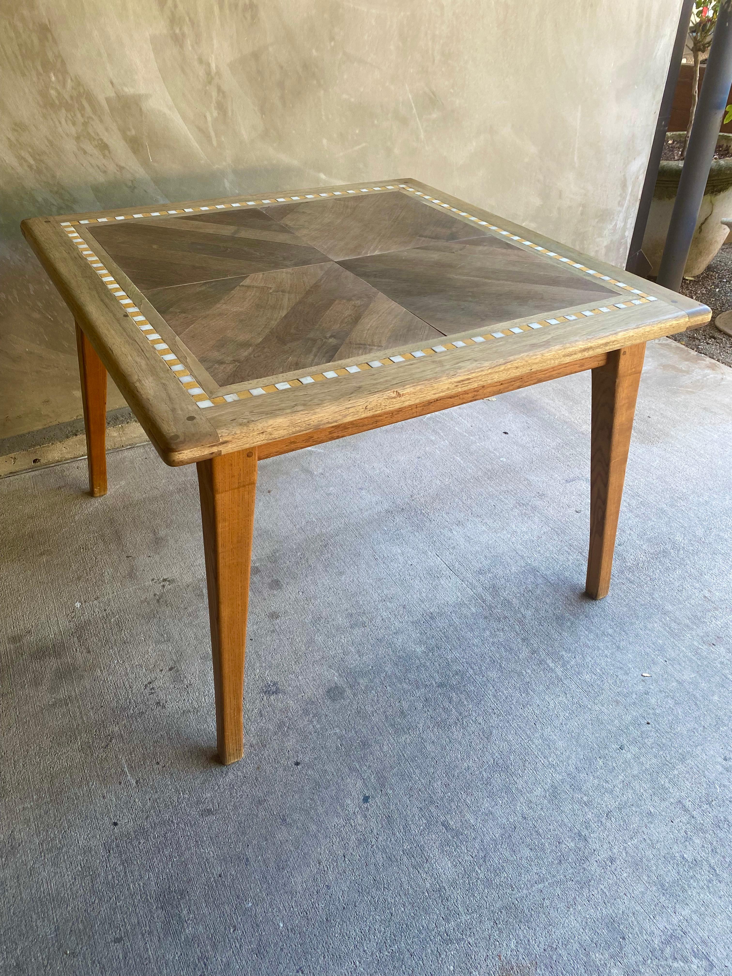 Square Dining / Game Table with Yellow and White Tile Accent, France, 1950's In Good Condition In Austin, TX