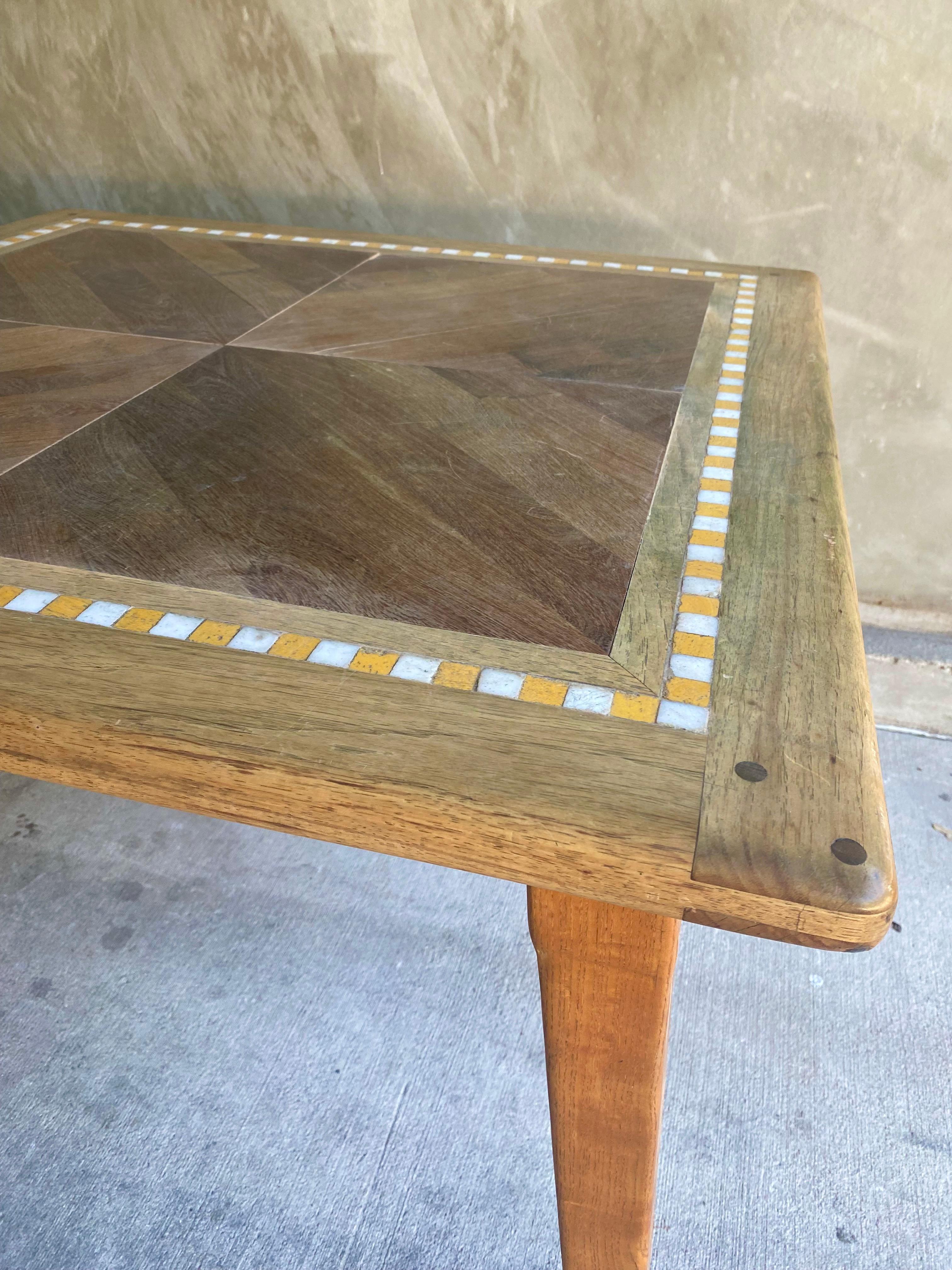 Ceramic Square Dining / Game Table with Yellow and White Tile Accent, France, 1950's