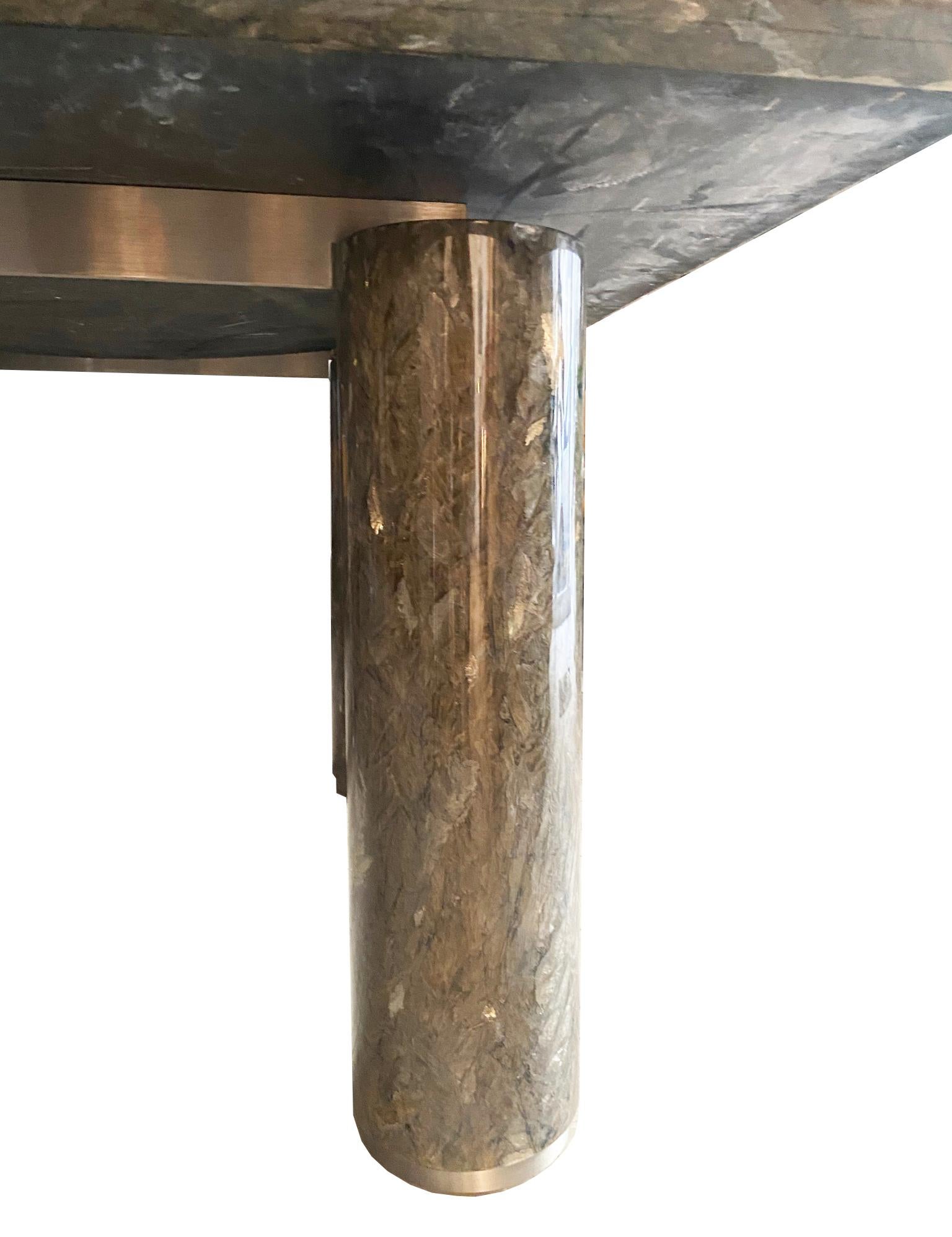 Late 20th Century Square Dining Table in Silver and Gray Labradorite Stone