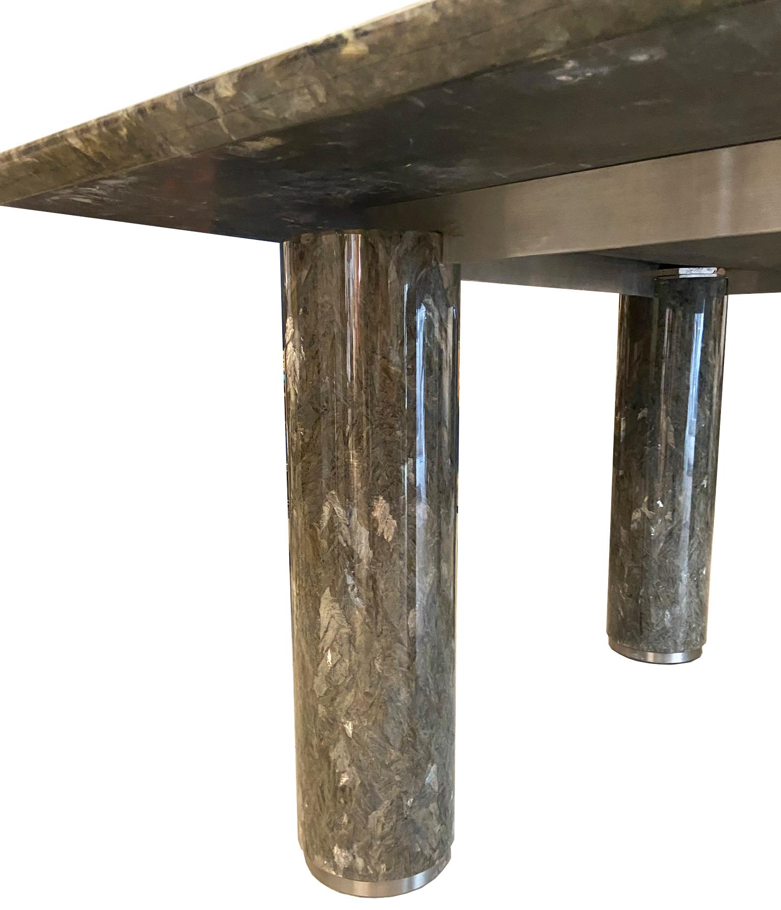 Marble Square Dining Table in Silver and Gray Labradorite Stone