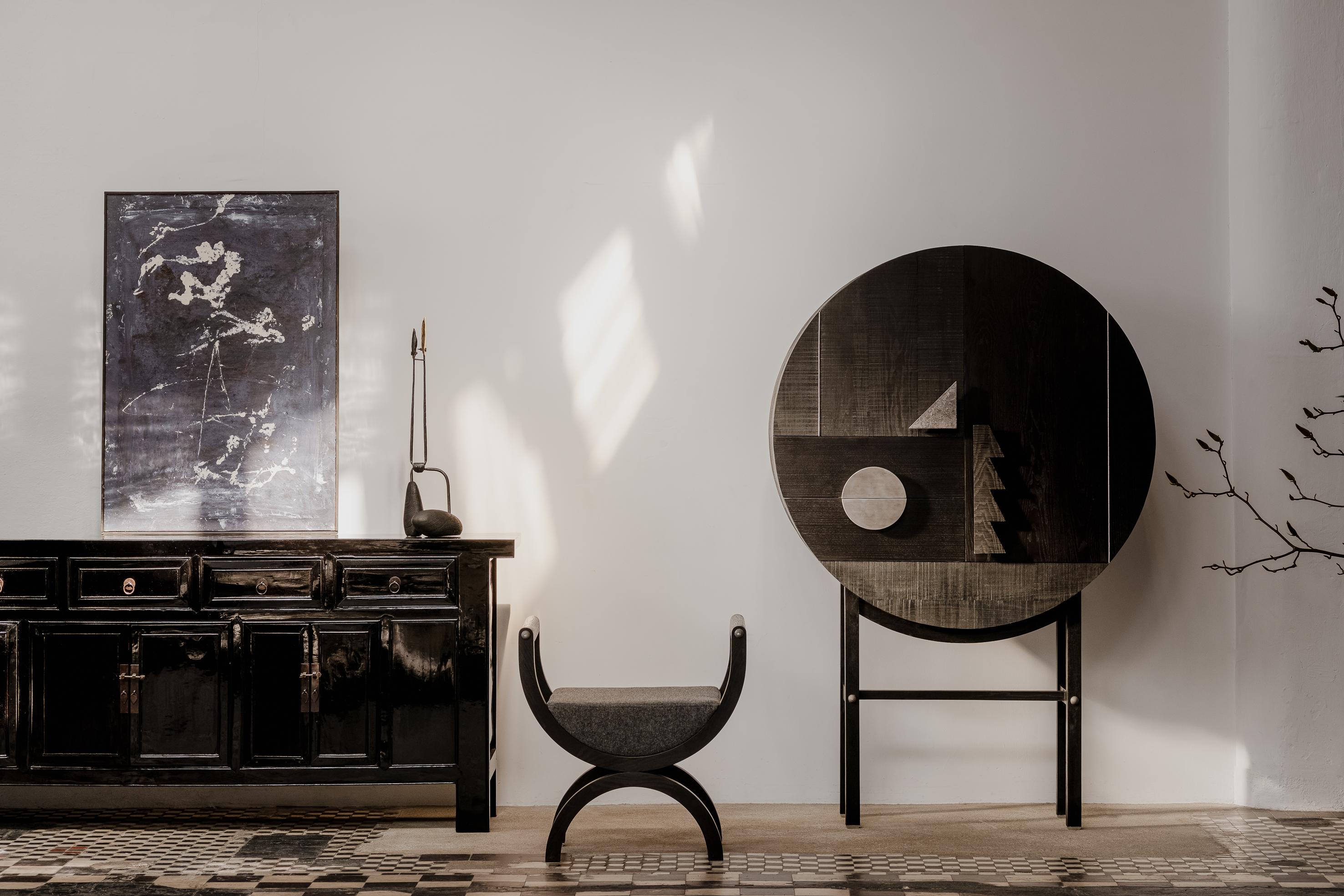 Post-Modern Square Drop Black Cabinet by Nów For Sale