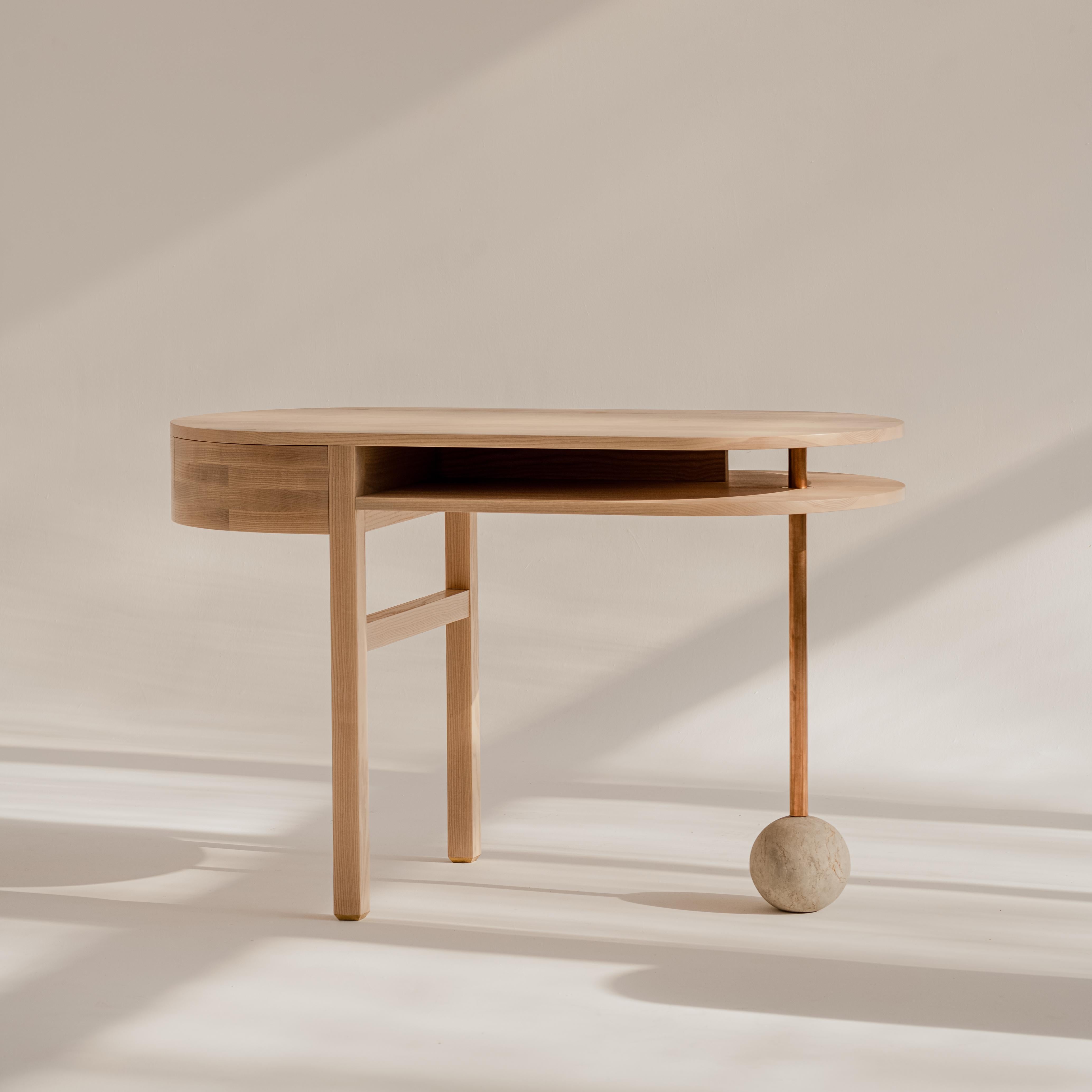 Square drop console table by Nów.
Designed by Square Drop.
Dimensions: D 60 x W 120 x H 76 cm
Materials: stained, solid ash wood, brass hardware, natural stone.

Agnieszka Sniadewicz-Swica, owner of Square Drop restoration lab, has been an art