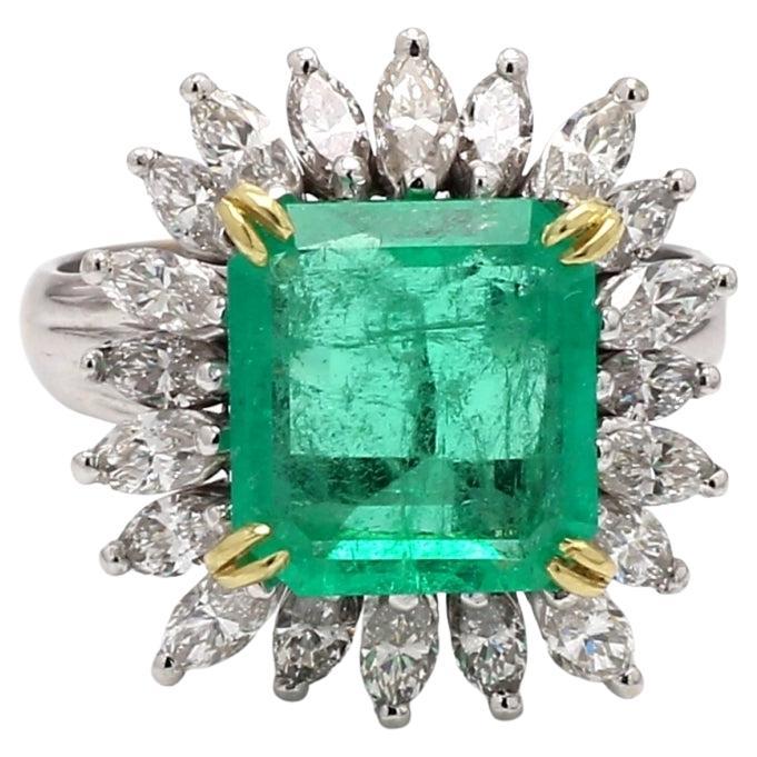 Square Emerald 14K Ring with Marquise Diamond Accents For Sale