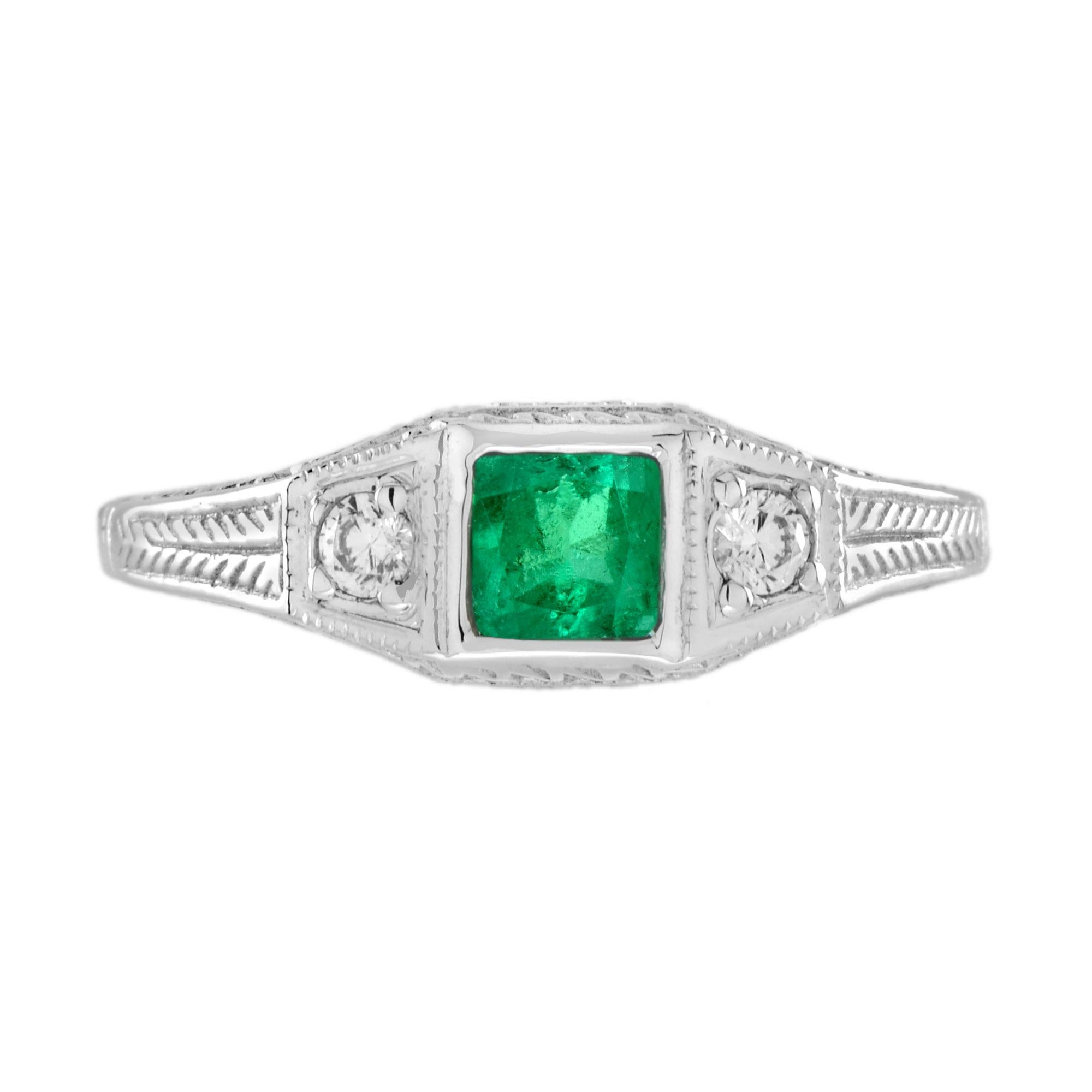 For Sale:  Square Emerald and Diamond Antique Style Three Stone Ring in 14K White Gold 2
