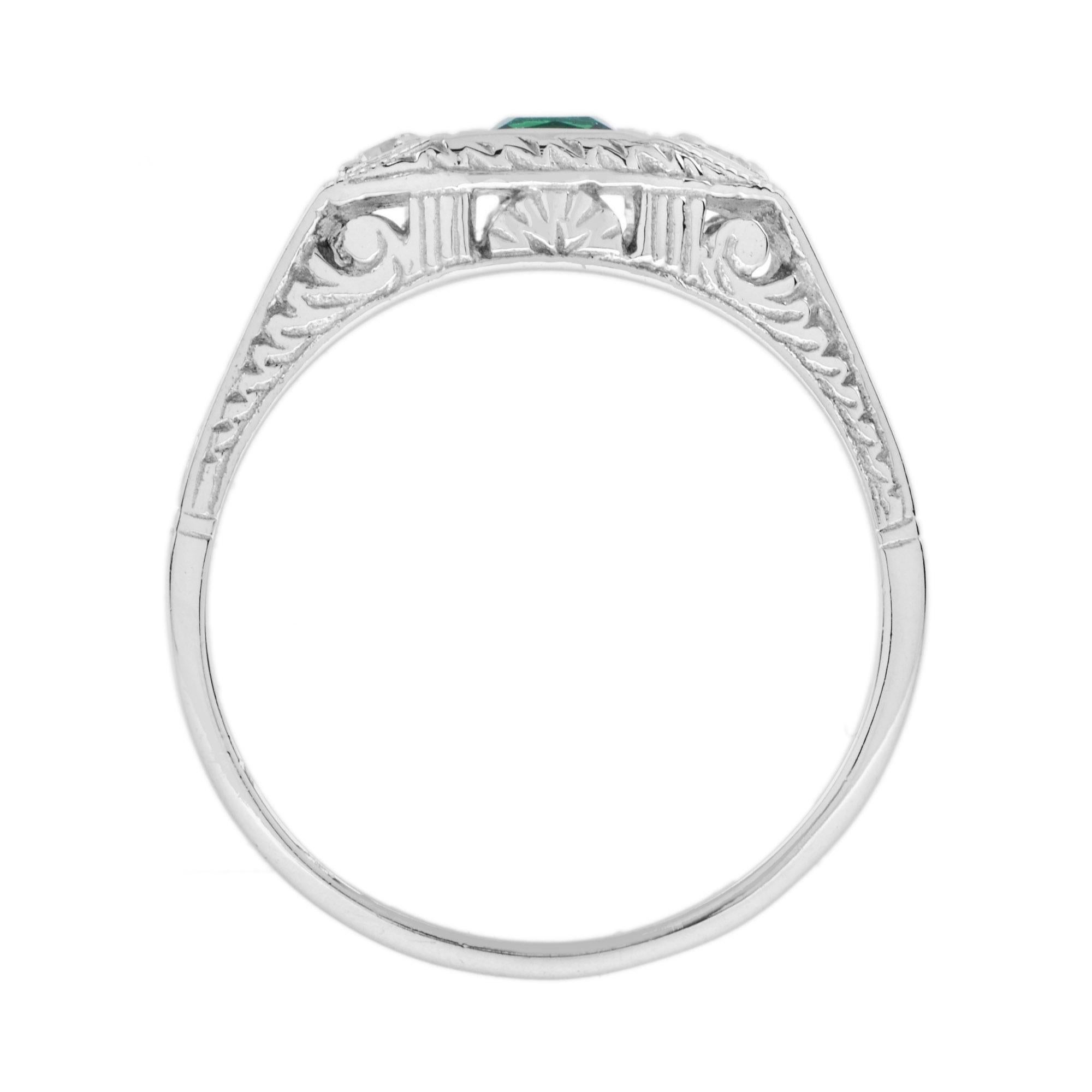 For Sale:  Square Emerald and Diamond Antique Style Three Stone Ring in 14K White Gold 6