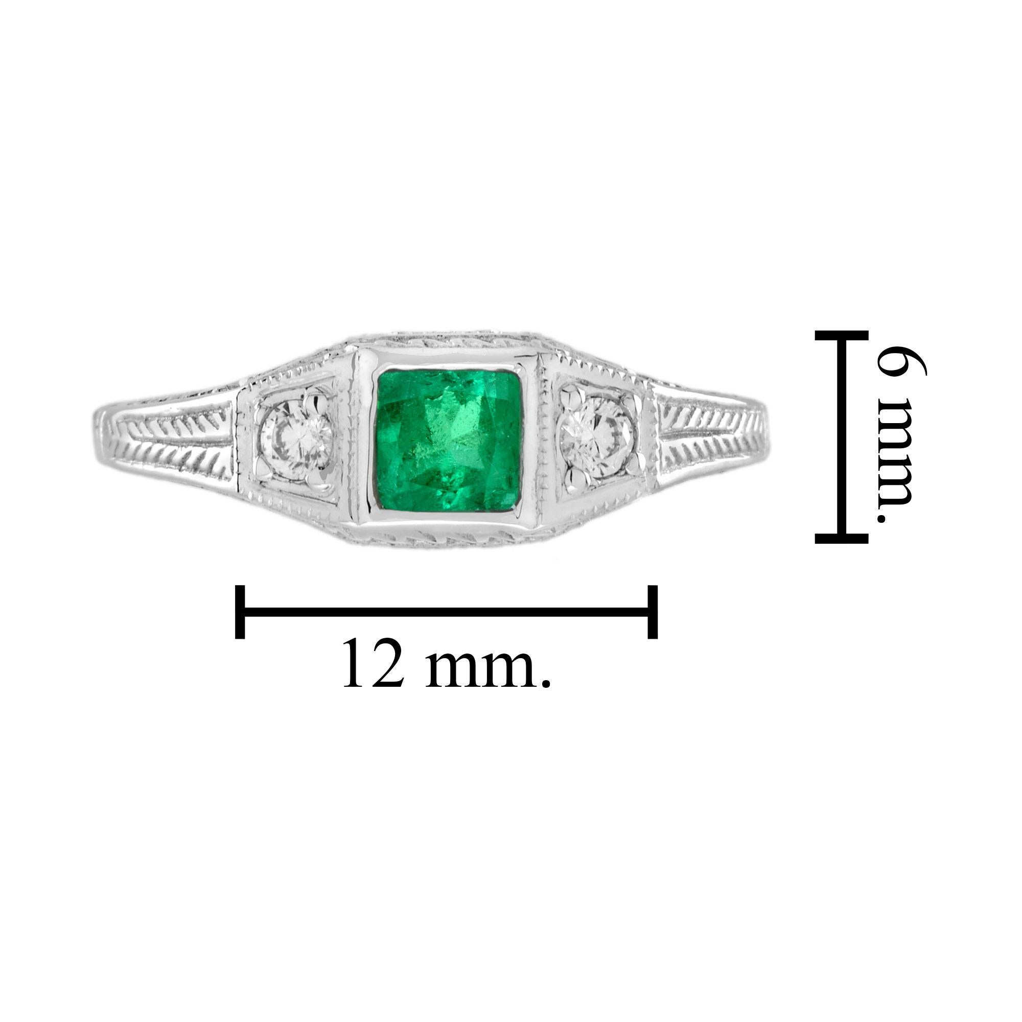 For Sale:  Square Emerald and Diamond Antique Style Three Stone Ring in 14K White Gold 7