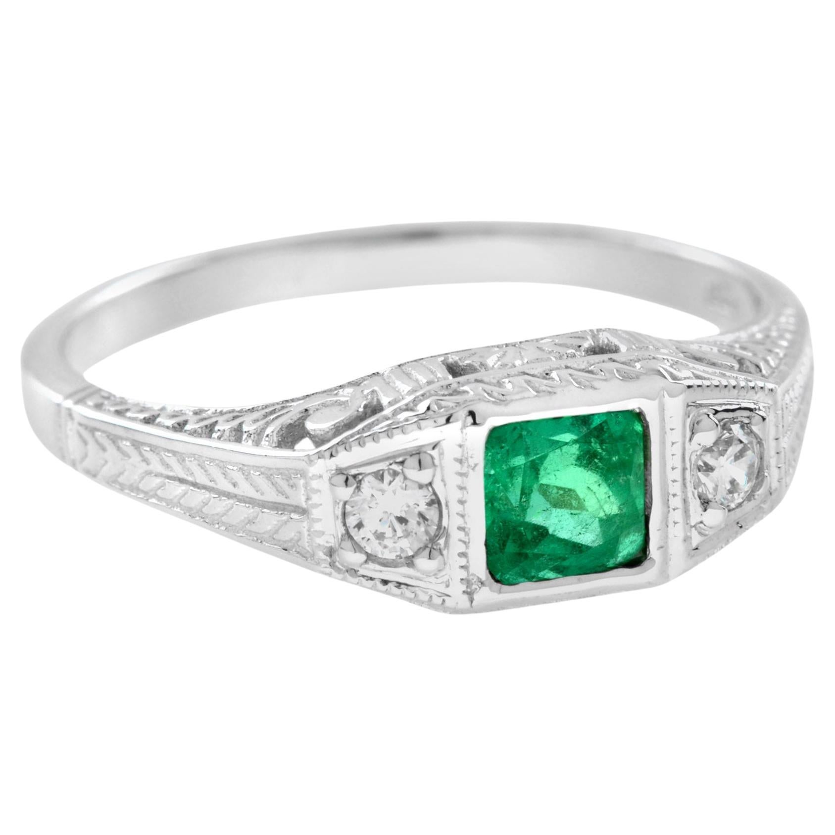For Sale:  Square Emerald and Diamond Antique Style Three Stone Ring in 14K White Gold