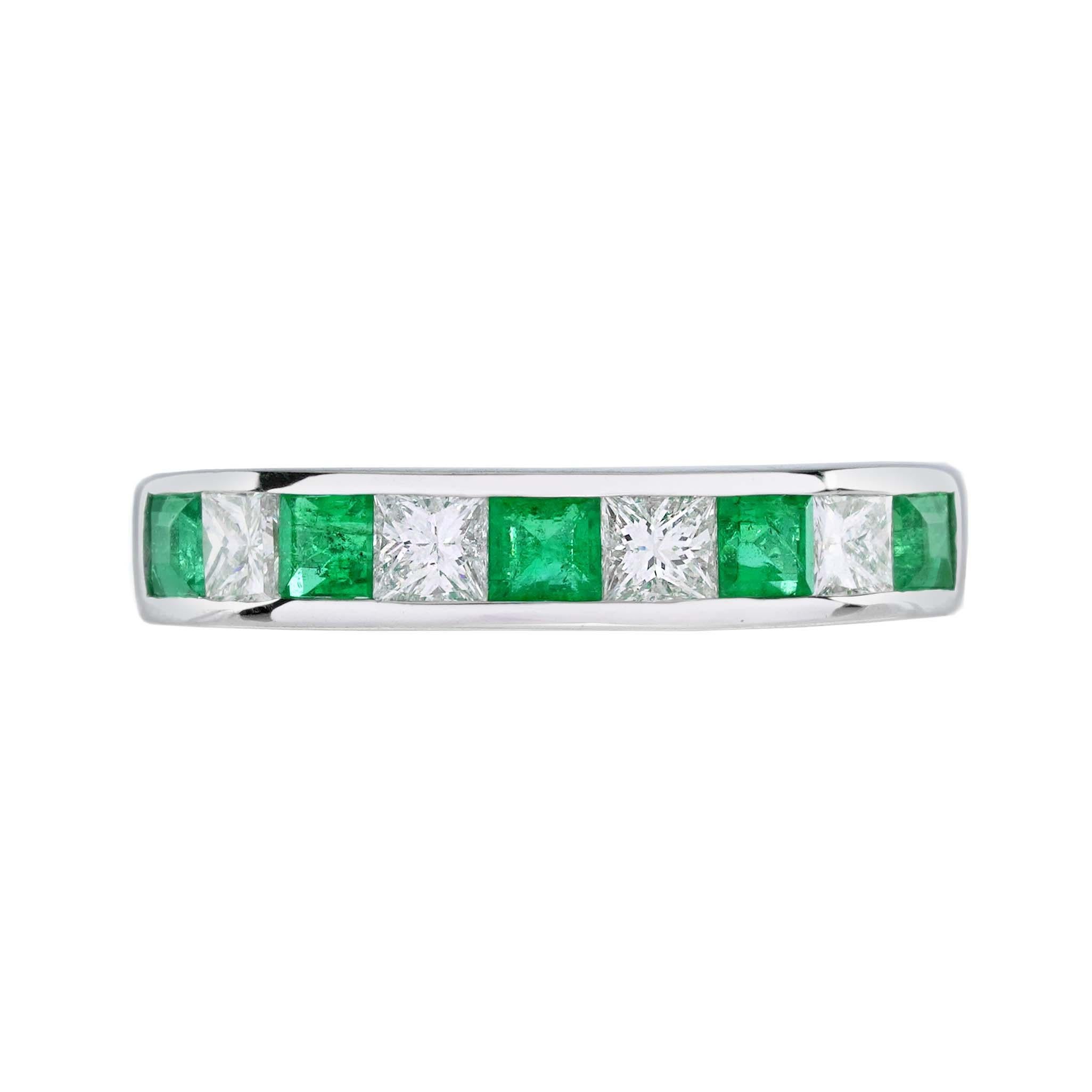 Art Deco Square Emerald and Diamond Channel Half Eternity Band in Platinum 950 For Sale