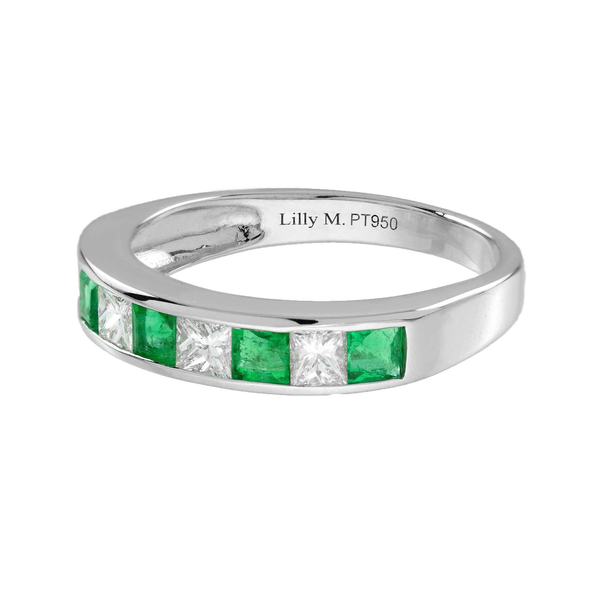 Square Cut Square Emerald and Diamond Channel Half Eternity Band in Platinum 950 For Sale
